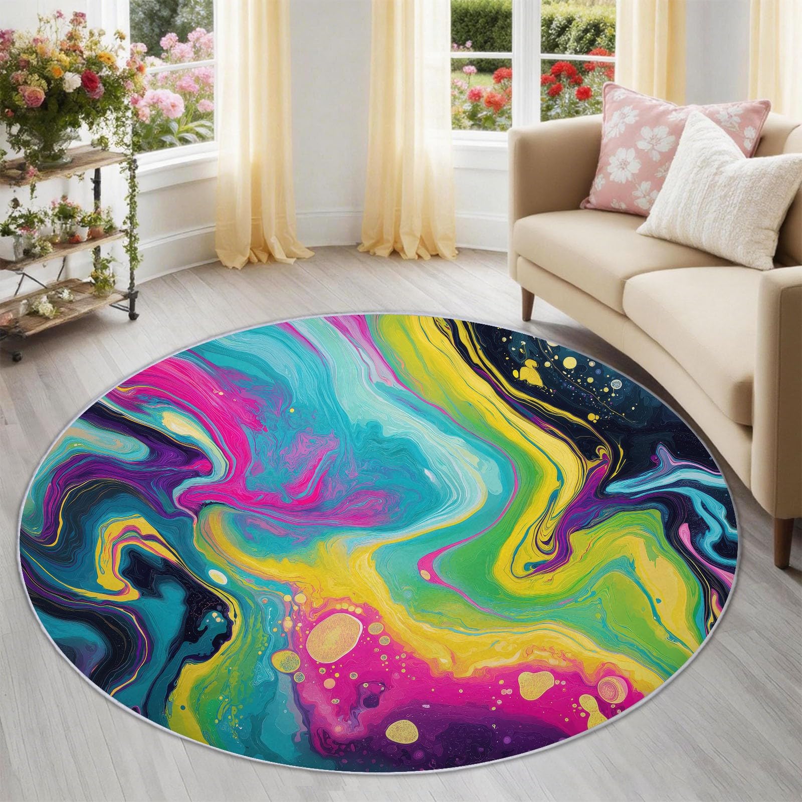 Générique Tappeto rotondo Art 180 cm, tappeto lavabile in lavatrice per soggiorno, antiscivolo, stampa in marmo neon ombreggiato psichedelico per sala giochi, rosa blu