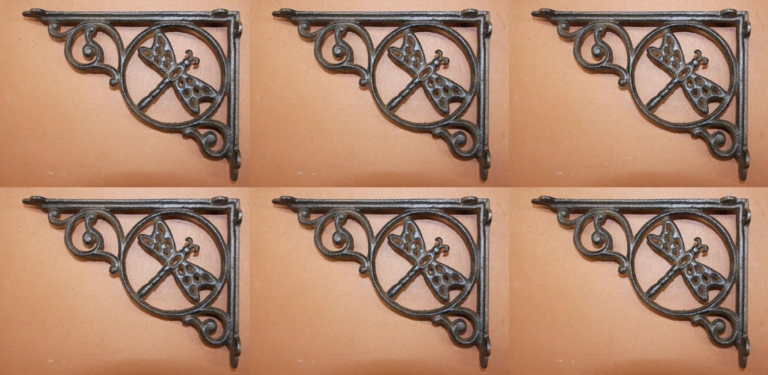 Pack of 6 Dragonfly Shelf Brackets Large 9 Inches, Solid Cast Iron, B-10