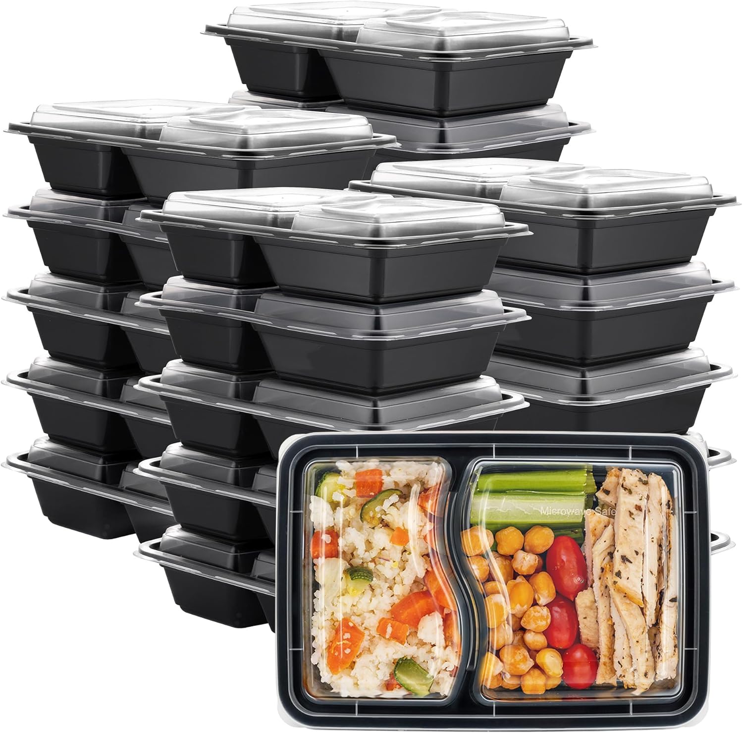 Comfy Package [28 oz - 50 Pack- 2 Compartment Reusable Meal Prep Containers - Microwaveable, Dishwasher and Freezer Safe, BPA-Free, Portion Control and Convenience Food Storage with Lids, Stackable 28 oz. - 2 Compartment - Black