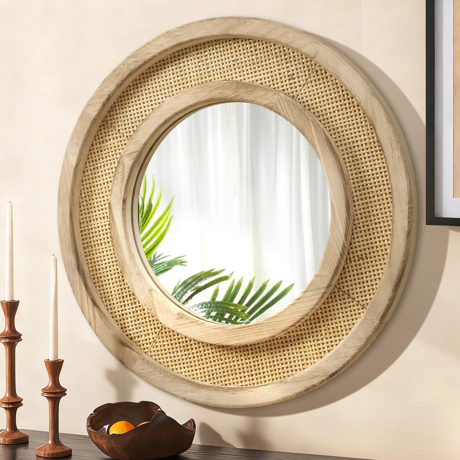 JJUUYOU Wood Mirror with Wood Frame Circle Mirrors for Wall 50 CM Circular Hanging Mirrors for Living Room Bathroom Vanity Entryway Hallway Brown