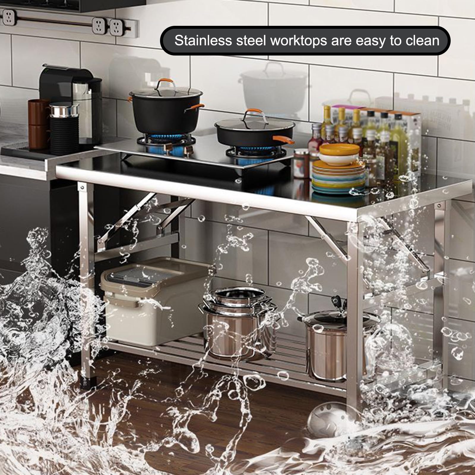 Mesa de trabajo de acero inoxidable con estante inferior, mesa de preparación comercial plegable para cocinas profesionales, restaurantes y uso doméstico