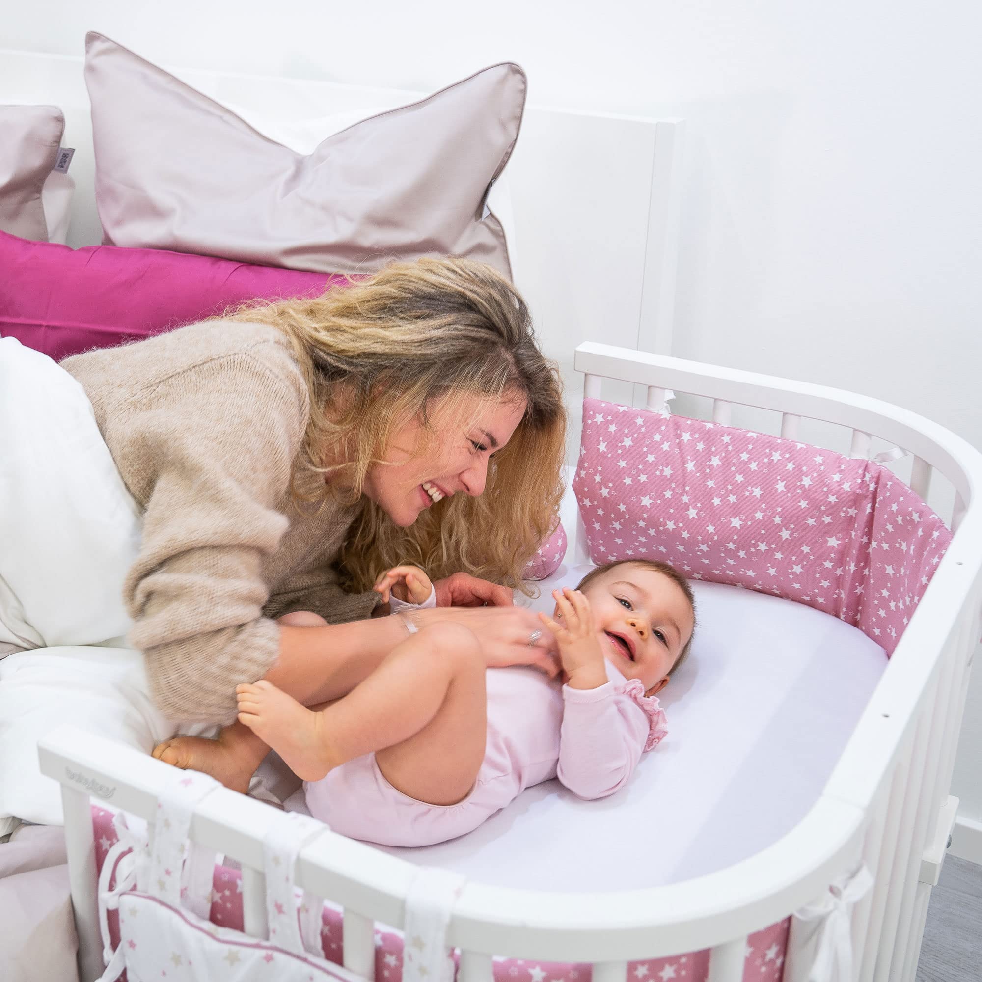 babybay Paracolpi a rete per modello Boxspring XXL, bianco a pois grigio perla