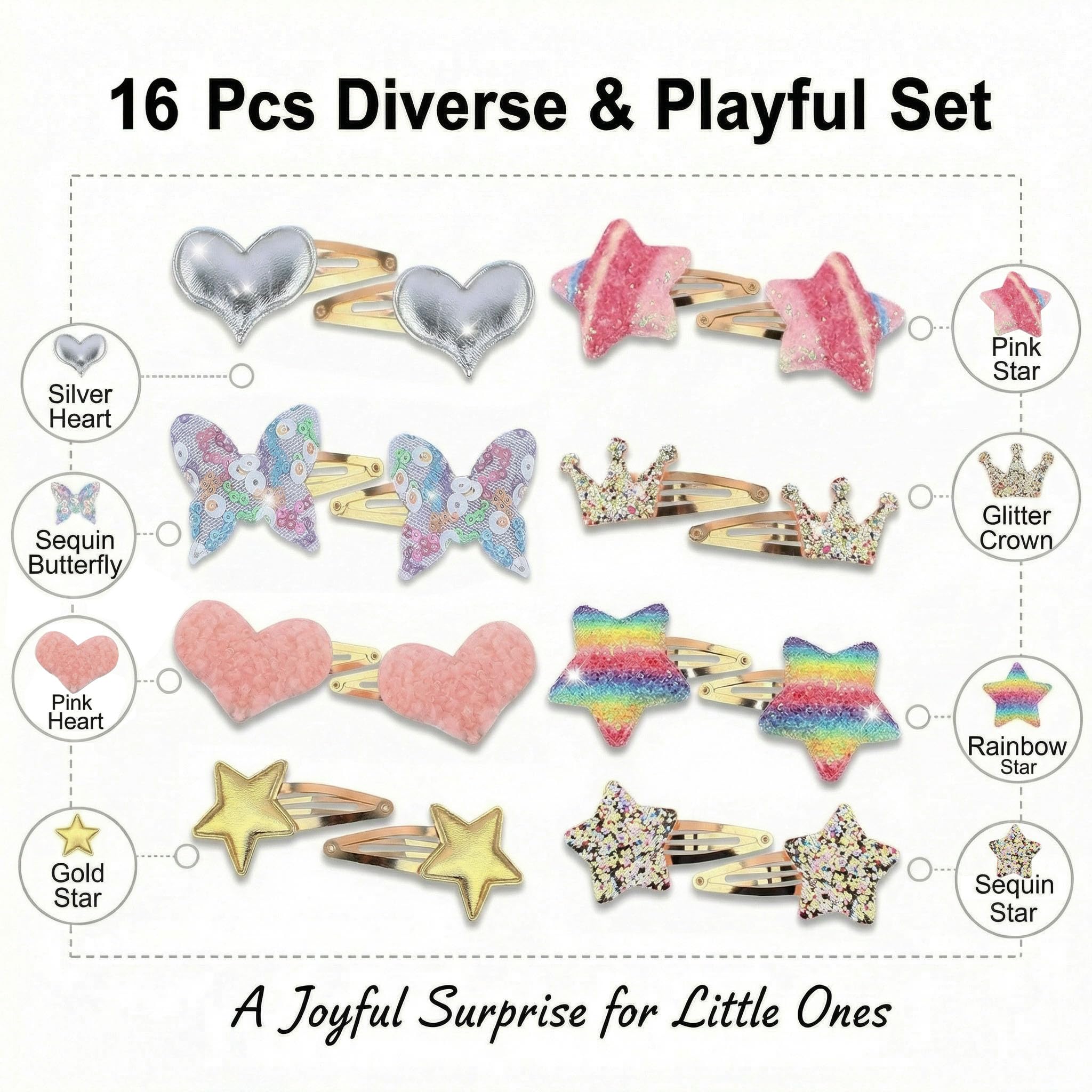 Haarspangen für Mädchen, Herz-, Schmetterlings-, Stern-, Kronenform, Kunststoff, bunt und leicht, niedliches Haar-Accessoire für Kinder, 16 Stück