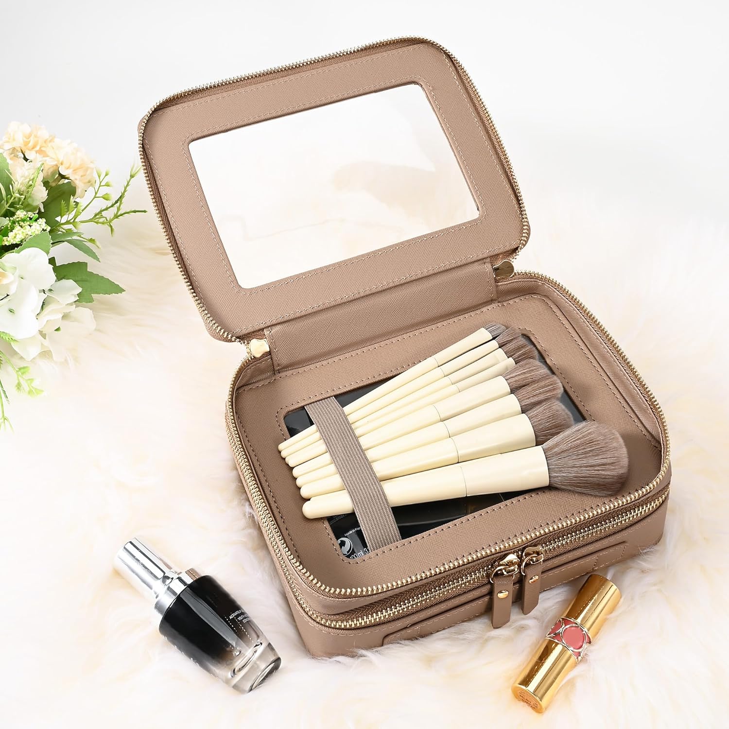 Aveniee Large Clear Makeup Bags, Double Layer Cosmetic Bags with Separate Brush Compartment,Travel Toiletry Bag Train Case,Travel Accessories Organizer for Women,2 Layers,Brown - Image 2