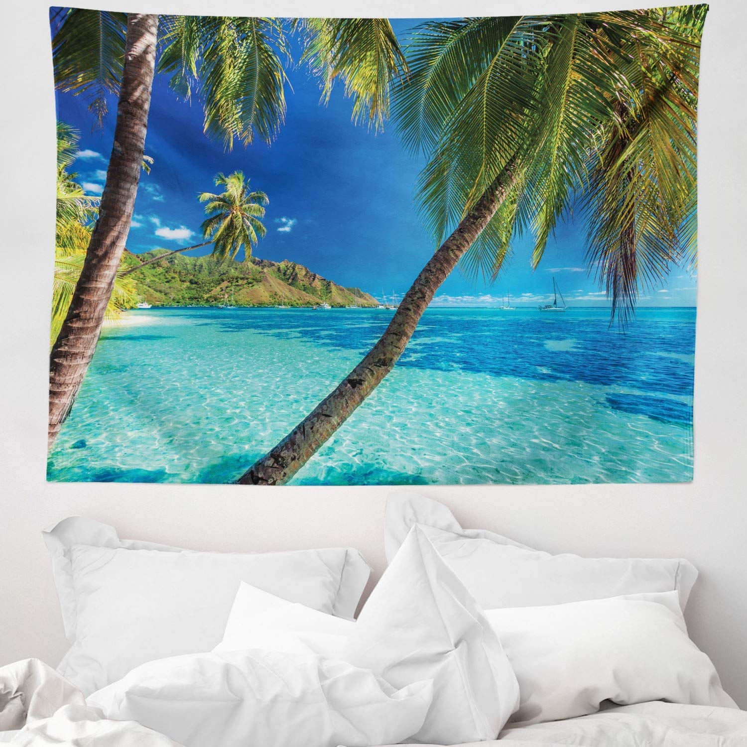 ABAKUHAUS Tapisserie Océan Et Palmiers 110 X 150 Cm – Décoration Murale En Microfibre Douce – Motif Plage Turquoise – Pour Chambre, Salon, Dortoir
