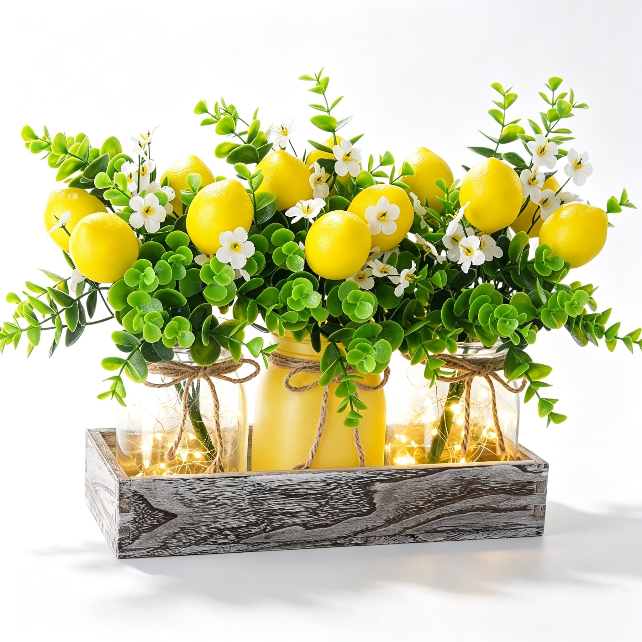 Photo 1 of **MINOR DAMAGE TO FAUX BOUQUET ( LEMONS FALLING OFF)*** Summer Lemon Mason Jar Centerpiece Set of 3 with Wood Tray