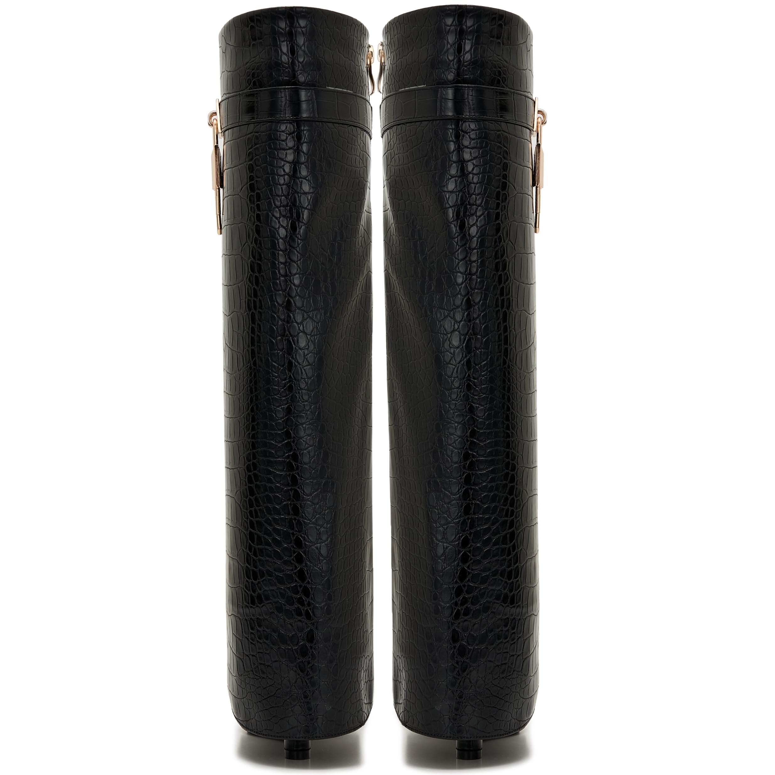 CDHYX Fold Over Boots for Women Pointy Pull-on Wedge Heel Knee Shark Boot With Side Zipper Padlock Design: 5.5 Black-crocodile-1