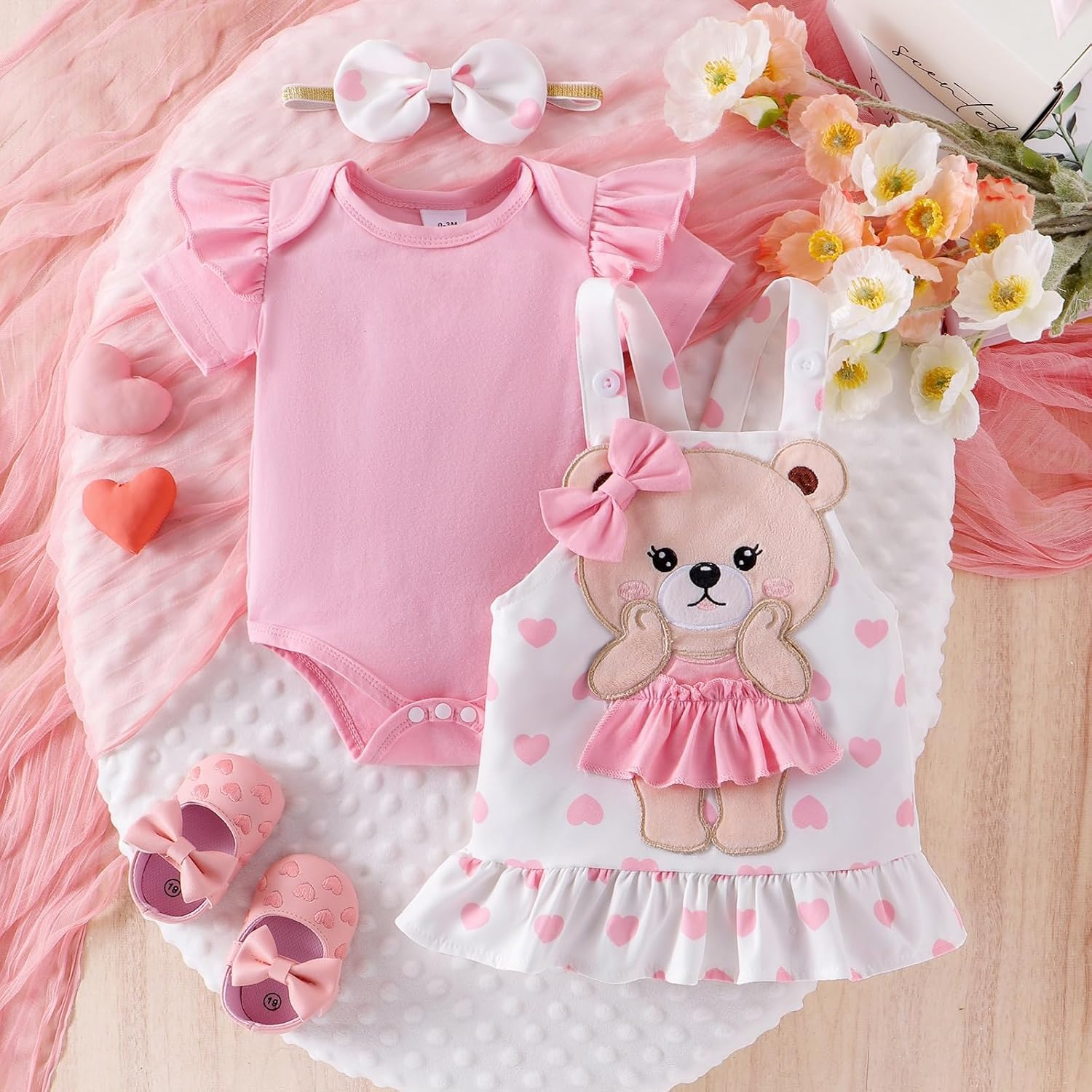Baby Girl Clothes Newborn Suspender Skirt Short Sleeve Ruffle Romper + Cute Love Bear Dress + Bow Headband 0-18 Months