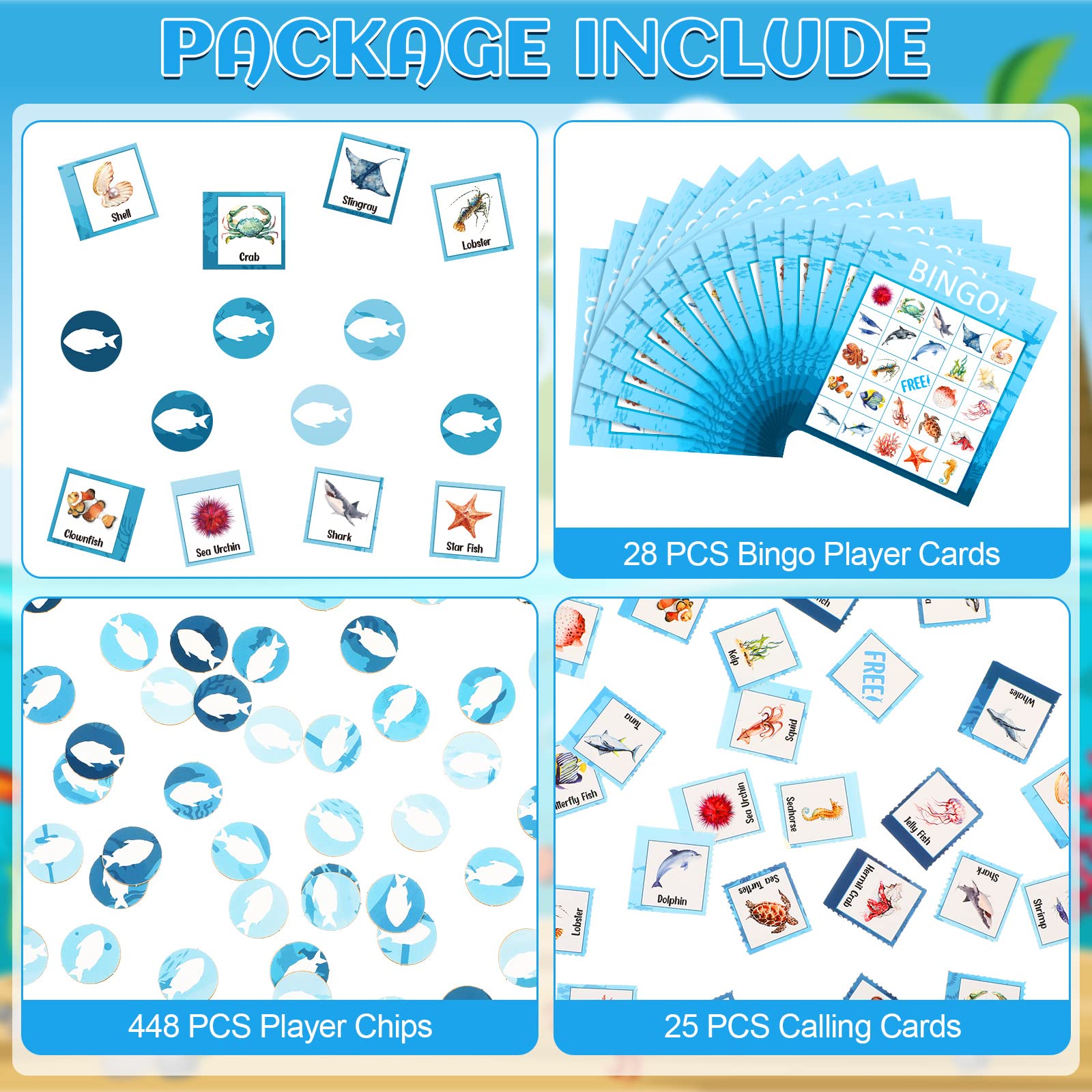 Juego de bingo oceánico para 28 jugadores para niños bajo el mar criatura jugando cartas divertidas educativas para grupos de memoria para la escuela, aula, actividades familiares, suministros 3