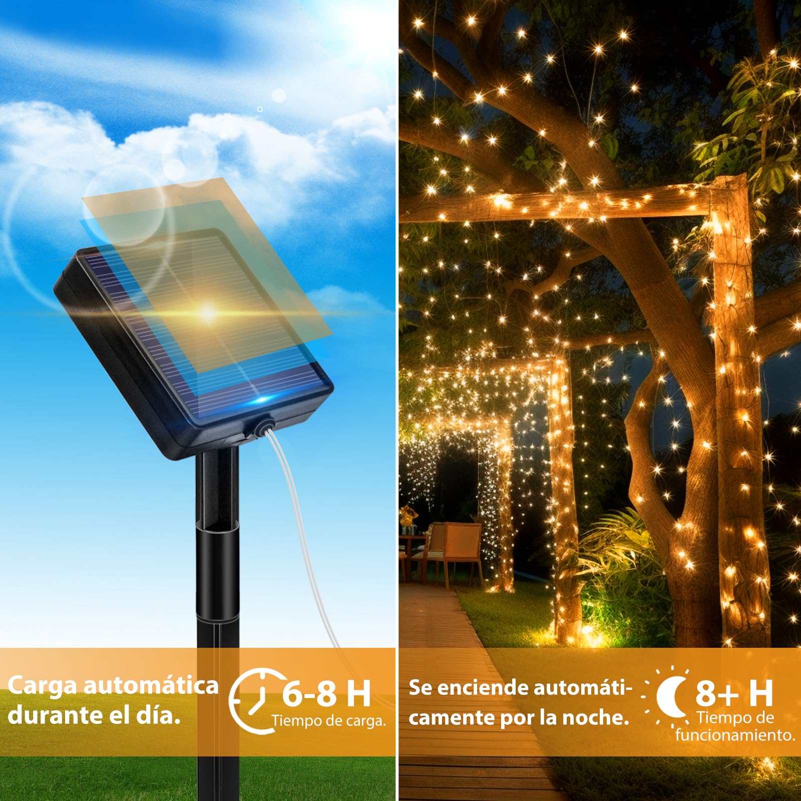 Peasur Guirnaldas Luces Exterior Solar - 3 Pack 12+2M/120LED Luces Solares LED Exterior Jardin Luz Navidad Exteriors Solares Luz Solar Exteriors Jardin Cadena para Exteriores Decoracion Arbol, Cálido