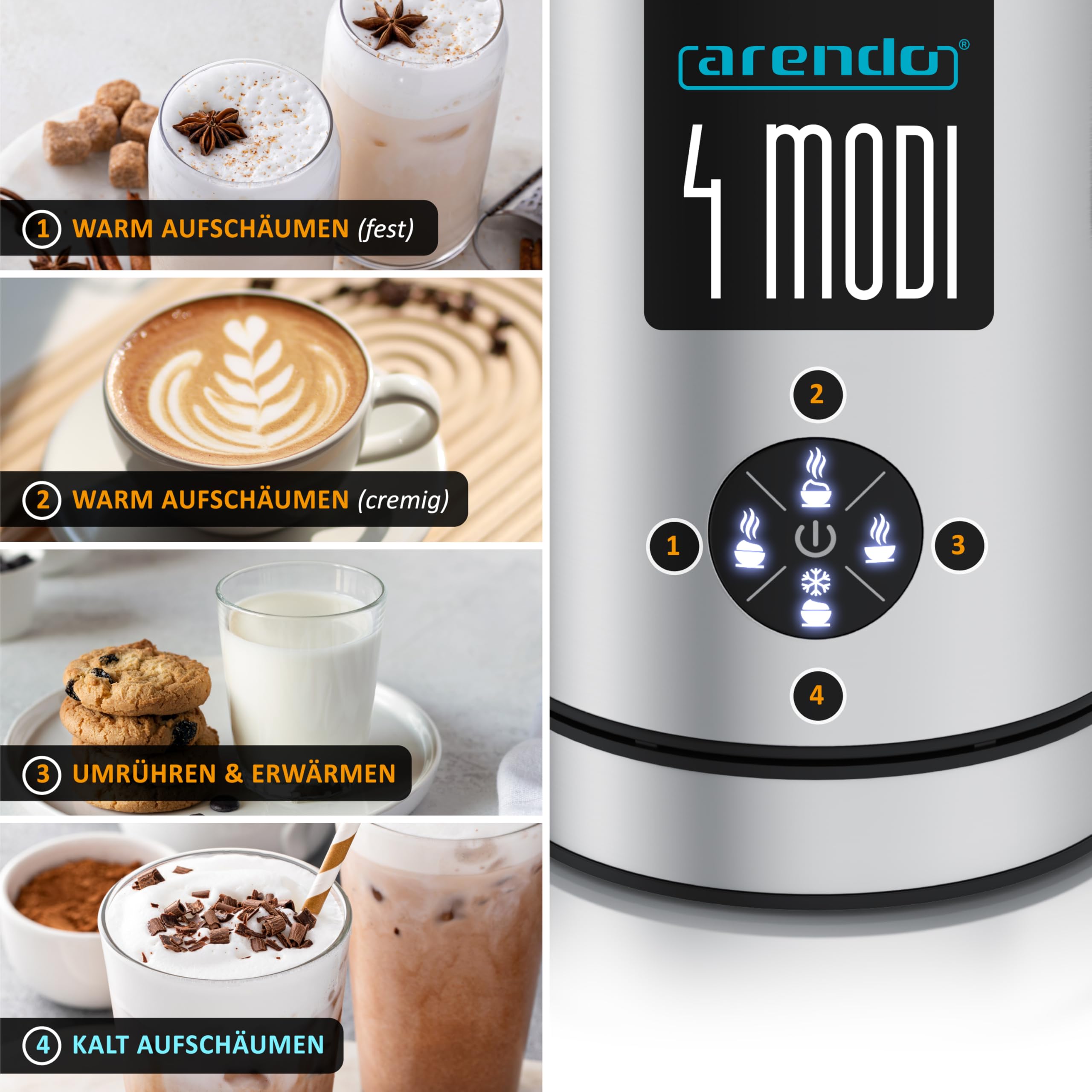Arendo - Espumador de leche eléctrico 4 en 1 – Carcasa de doble pared – 4 programas – Espuma caliente y fría – Espuma cremosa y firme – 150-300 ml – Revestimiento antiadherente – Cappuccino Latte