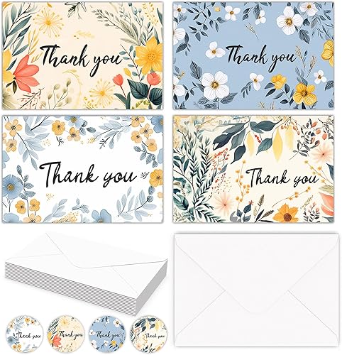 HISDEAR Tarjetas de agradecimiento con sobres y calcomanías, 100 piezas de diseño floral pintado para bodas, baby shower, negocios, despedidas de
