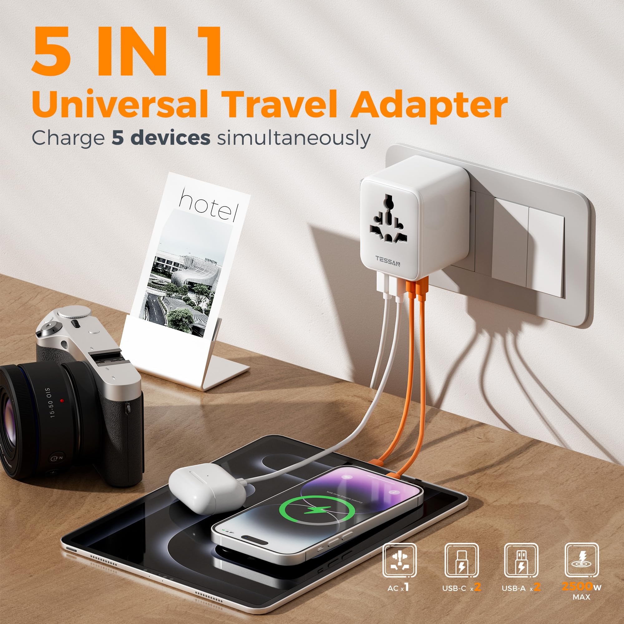 TESSAN Universal Travel Adapter Worldwide with 2 USB C and 2 USB A Ports, Universal Plug Adaptor UK to World, International Adapter for EU, USA, UK, Australia, Thailand etc. not a Voltage Converter — view 4
