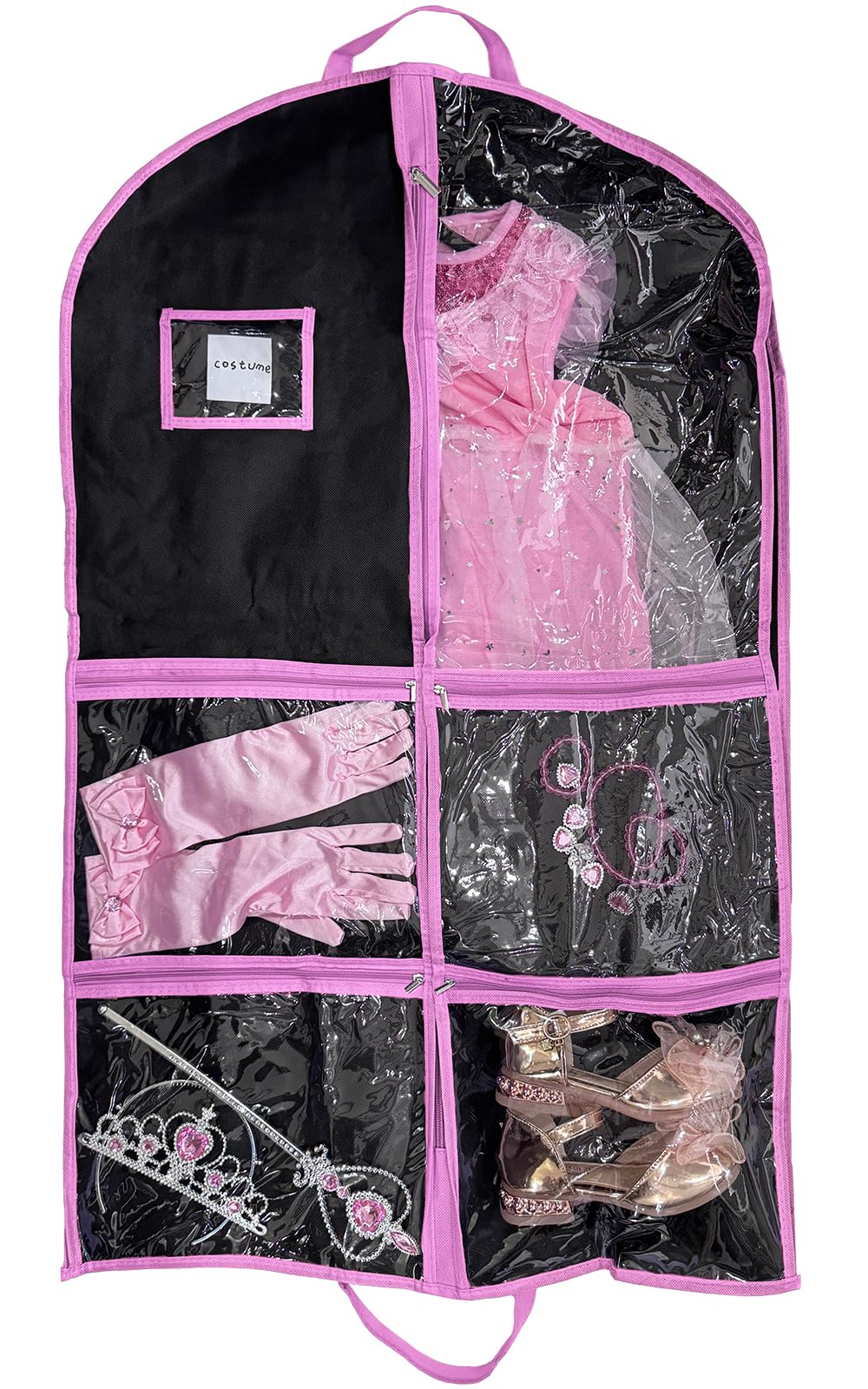 RIDESAIPU Dance Costume Garment Bag,Garment Bags with 4 Clear Zipper Pockets,Kids Hanging Clothes Cover for Girls 60x100cm(Pink,1 Pack)