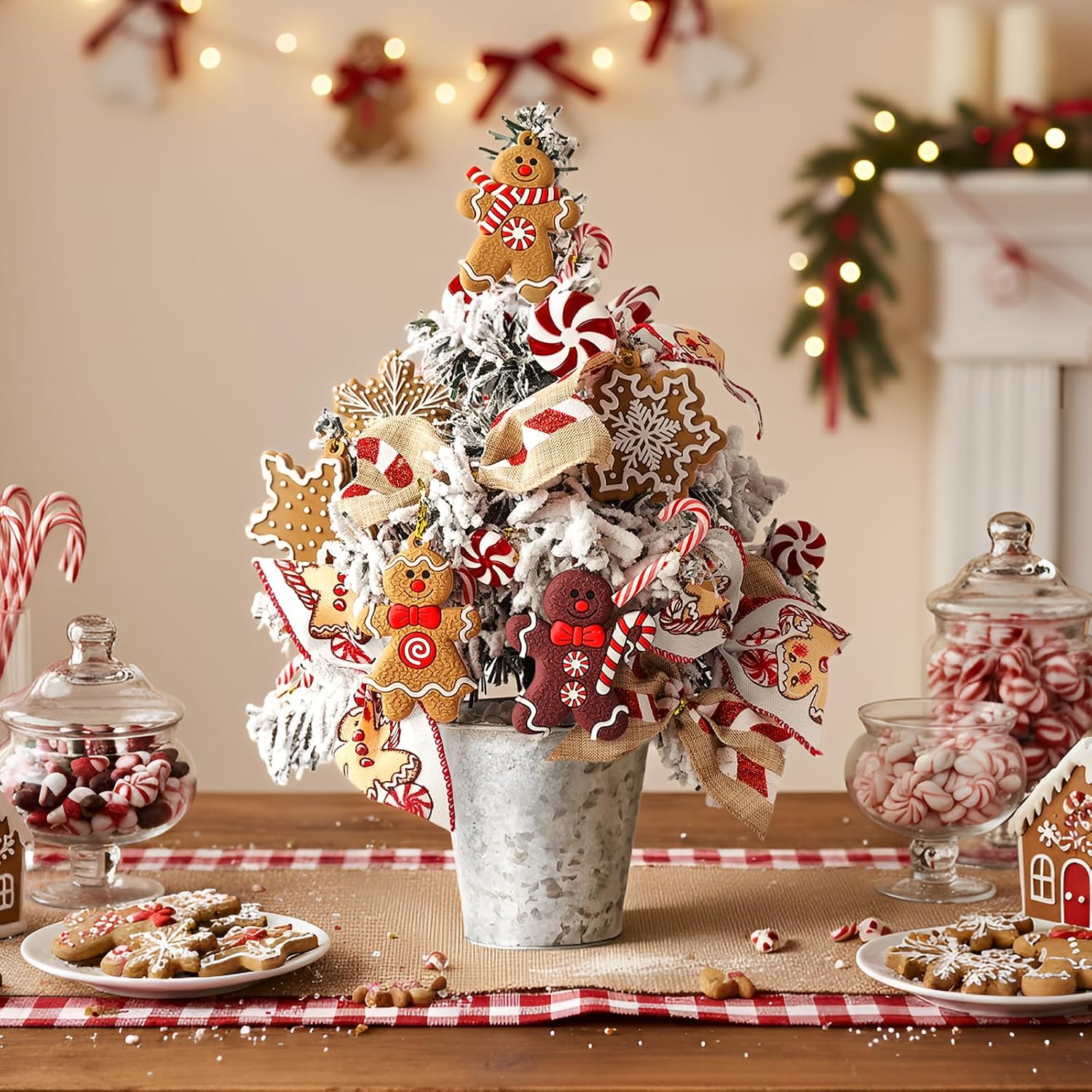 Bunny Chorus Christmas Table Decorations, Artificial Plants with Gingerbread Man Frost Snowflake Cookie Pine Tree, Rustic Metal Pots, Xmas Tree Tabletop Centerpieces for Dining Home Mantel Shelf Decor