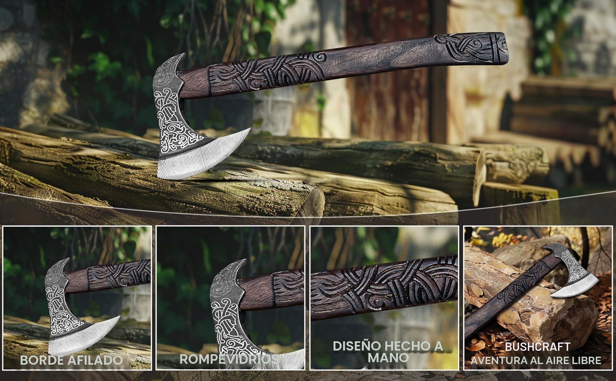 Novahaven Raven Fang – Hacha vikinga de lujo forjada a mano de acero al carbono y madera de fresno | Arte nórdico grabado | Hacha exclusiva para coleccionistas y al aire libre