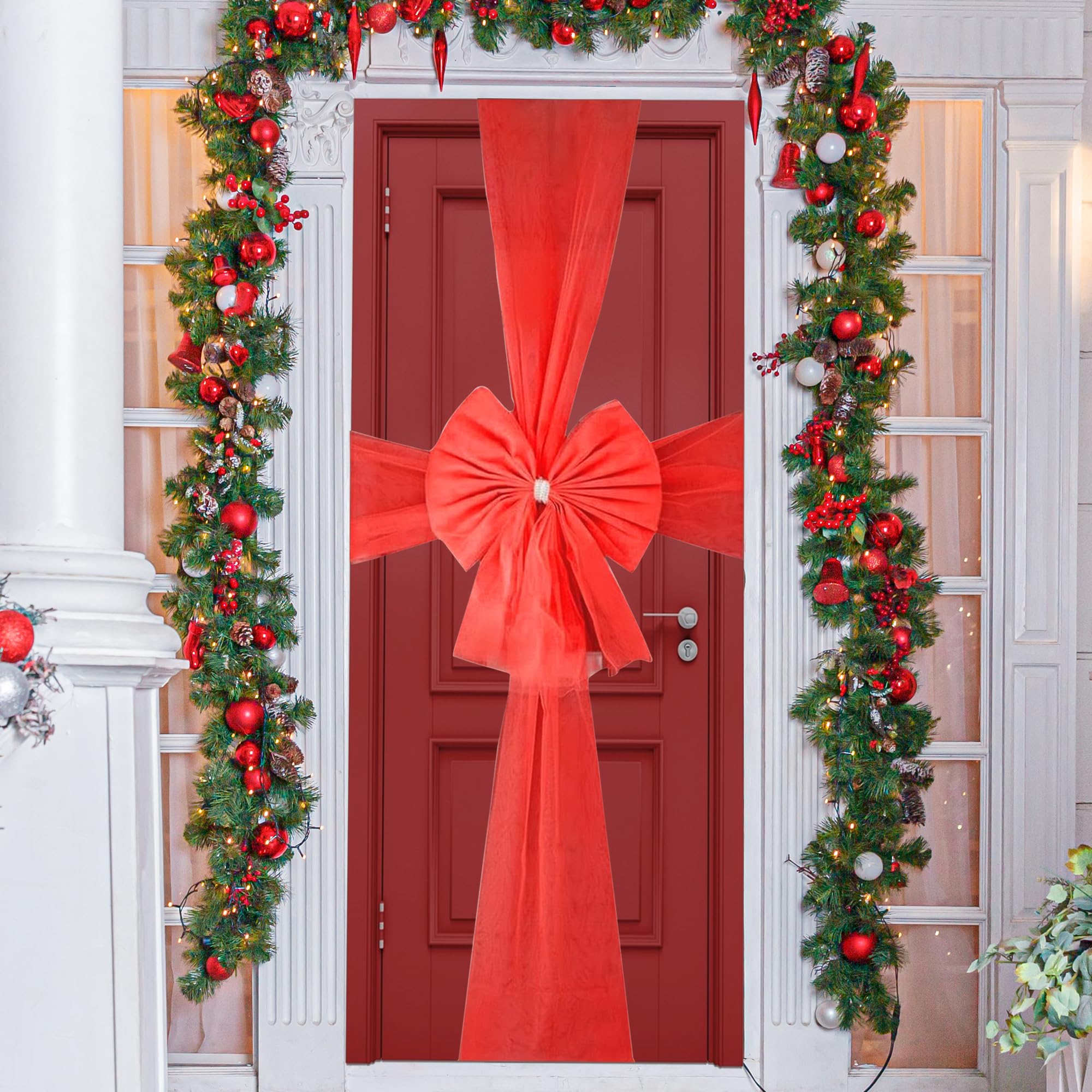 Event Decor Shop Duża czerwona kokarda do drzwi bożonarodzeniowych z diamentem – 7,5 m siatka organzy do drzwi wejściowych na Boże Narodzenie, ślub, baby shower i uroczystości, świąteczna dekoracja
