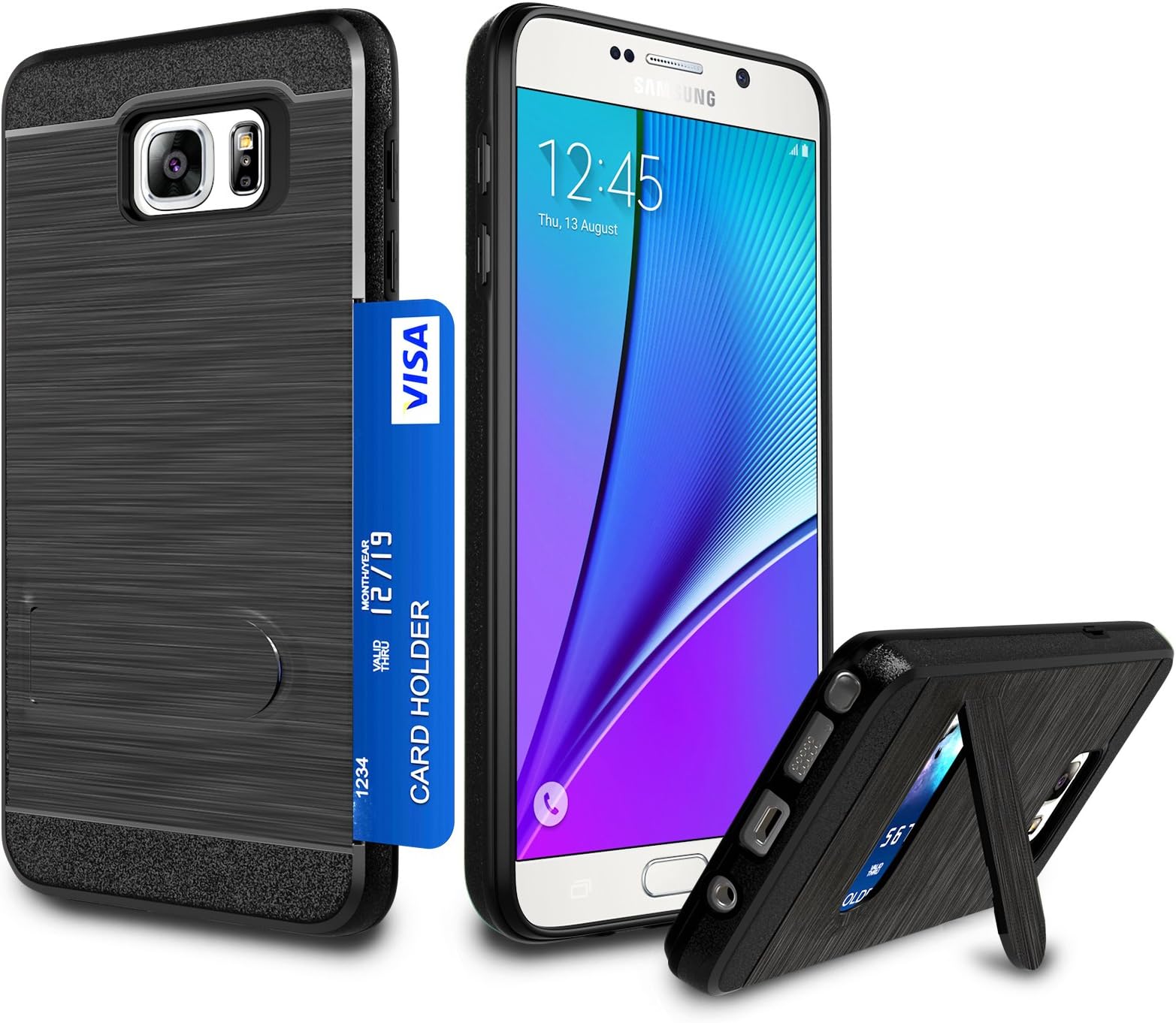 Note 5 Case, Zectoo Galaxy Note 5 Wallet Case Card Holder Slot Dual Layer Protective Cover Anti-Scratch Hard Shell Shock Absorbing w/Kickstand Tough Armor Case for Samsung Galaxy Note 5 N920 - Black