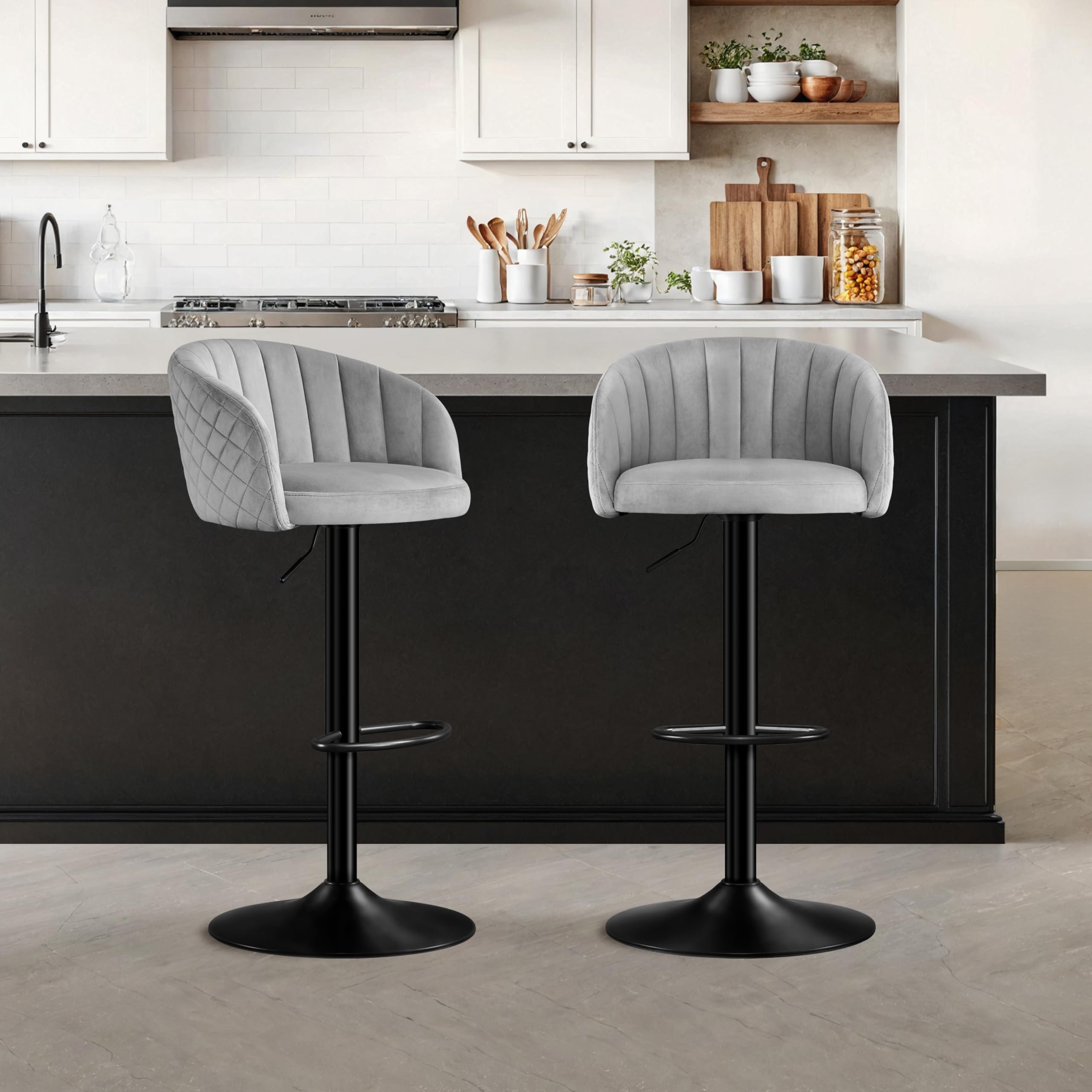STOOLINK Barhocker 2er Set Höhenverstellbar Barstuhl Milch-samtstoff, Tresenhocker mit Lehne und Armlehne, Barhocker 360° Drehbar für Küche, Esszimmer, Café,Bistro-Grau