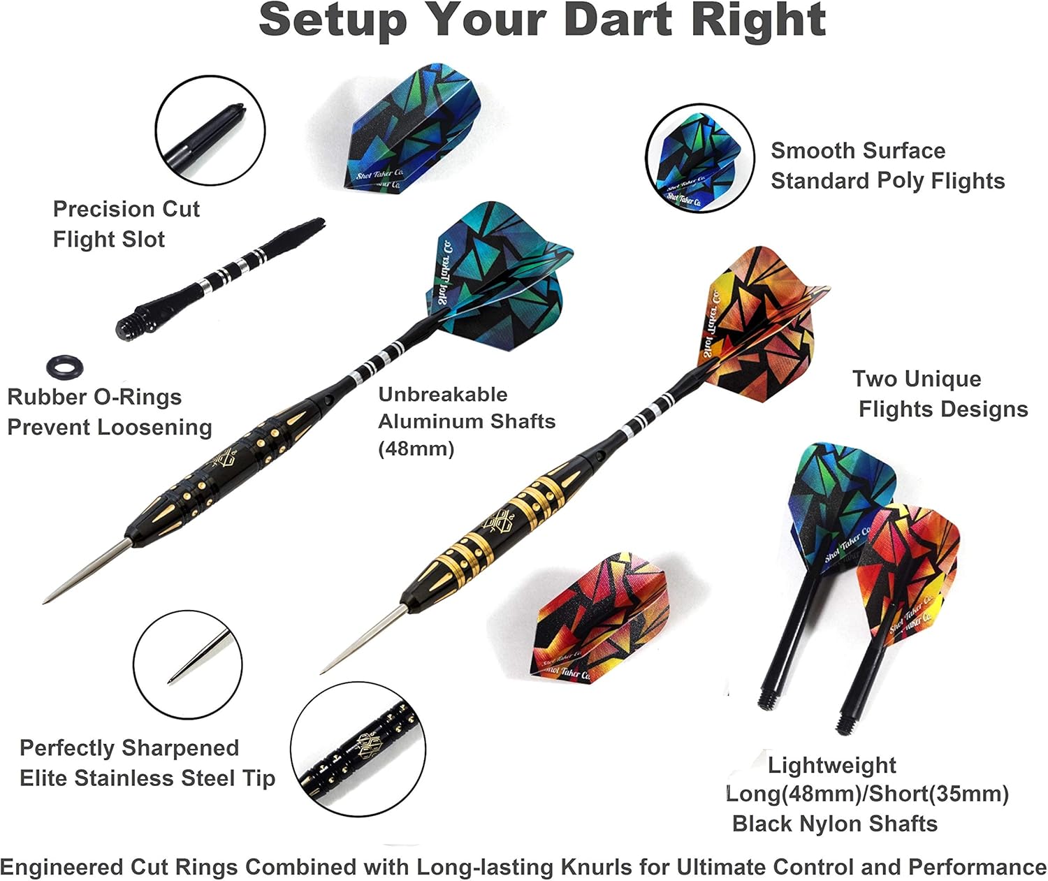 6pc Steel Tip Darts Set - Professional Darts for Dartboard - Includes Barrels + Plastic/Aluminum Shafts + O'Rings + Flights + Sharpener + Wrench