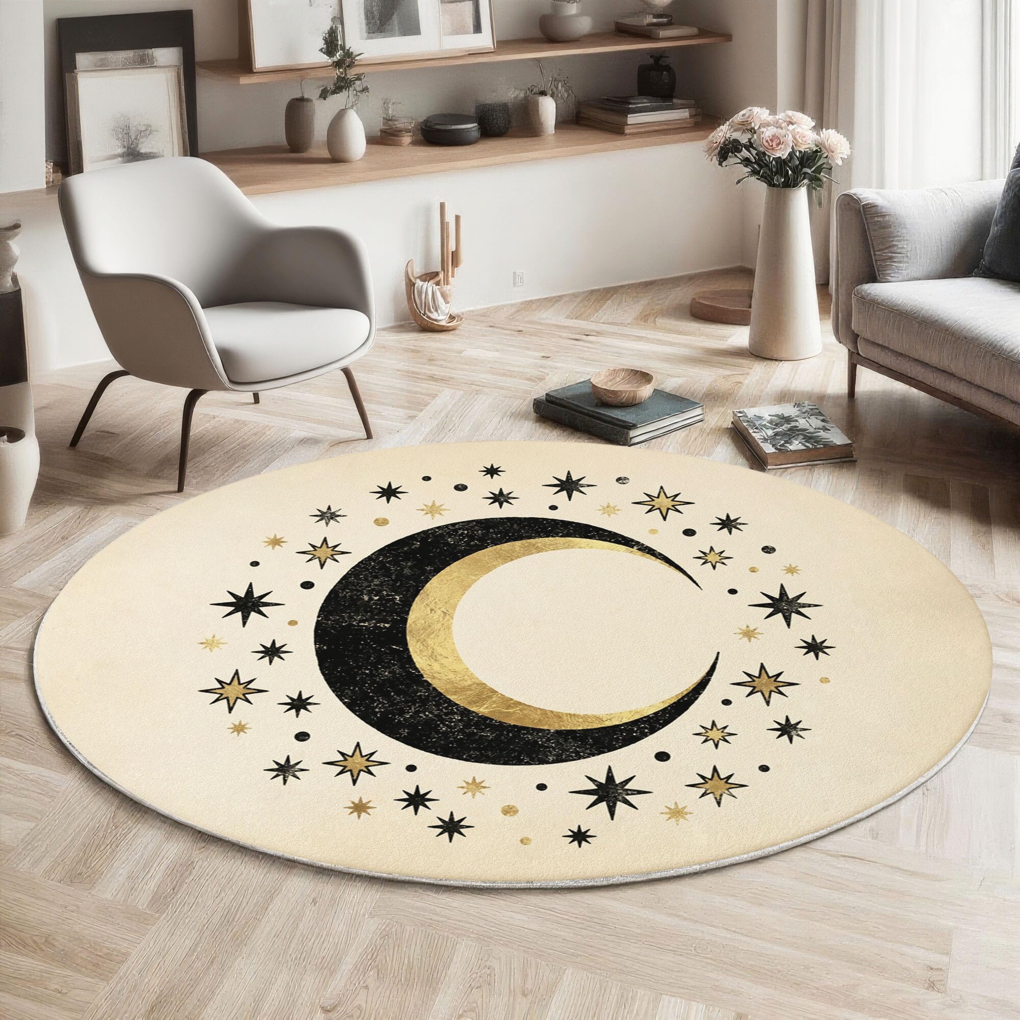 Tapis Rond Lavable Antidérapant Mystérieuse Lune d'or Noir | Étoiles De Luxe Peintes À La Main Rond Tapis 160 Cm Doux Poil Ras Pour Salon Chambre Bureau, Beige Moquette Circulaire