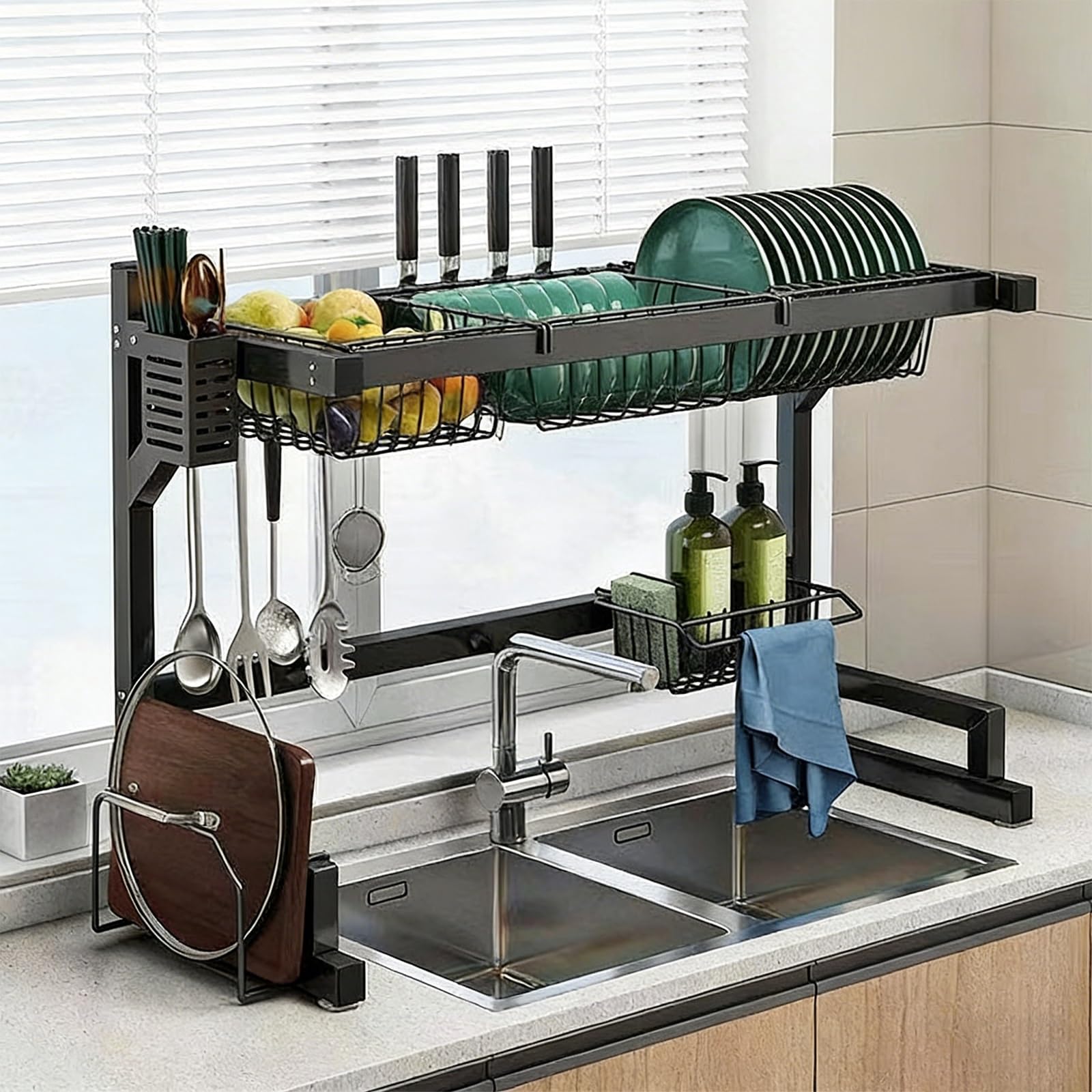 Escurridor de platos multifunción con soporte para utensilios, mantiene el fregadero de cocina organizado, para platos, vasos, cuencos, cubiertos