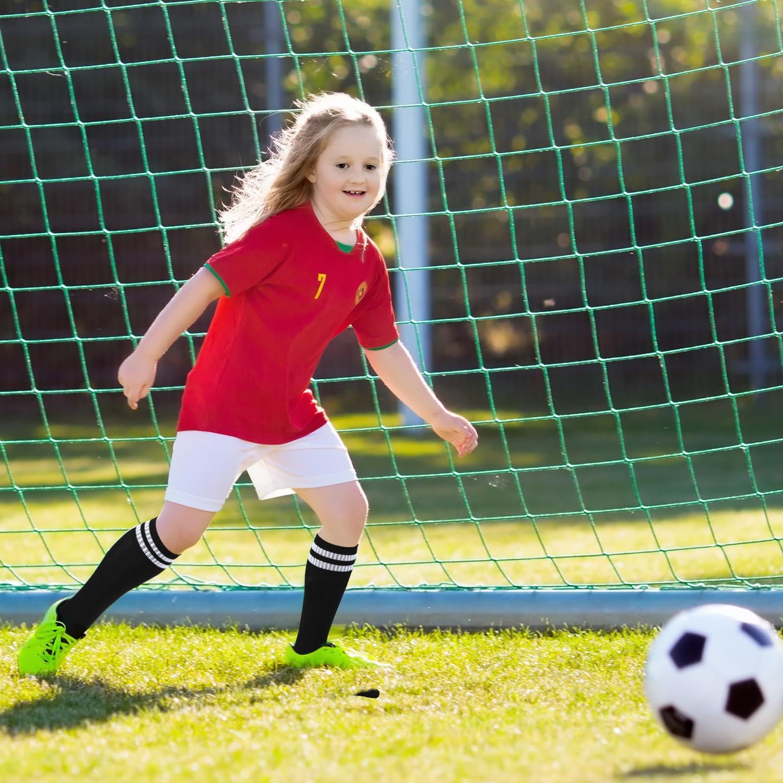Xtinmee 24 pares de calcetines de fútbol para niños, elásticos, a rayas, hasta la rodilla, calcetines deportivos de fútbol para niños y niñas de 7 a 13 años