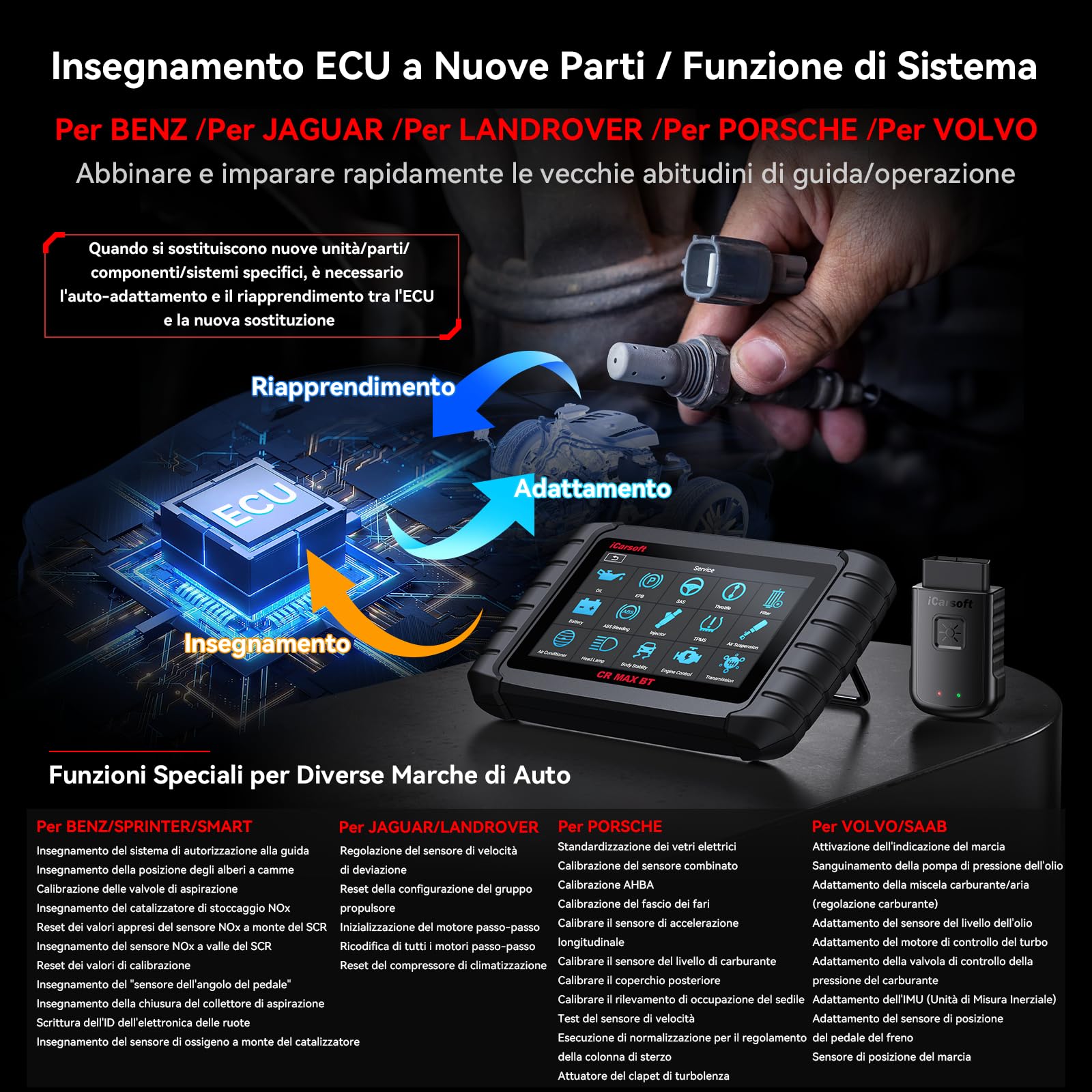 iCarsoft CR MAX BT OBD2 Auto Diagnostica, Diagnosi Auto Professionale in Italiano per Tutti i Sistemi, 49 Funzioni di Reset + 46 Servizi Aggiuntivi, 40000+ Test Bidirezionale, VIN automatico, CANFD