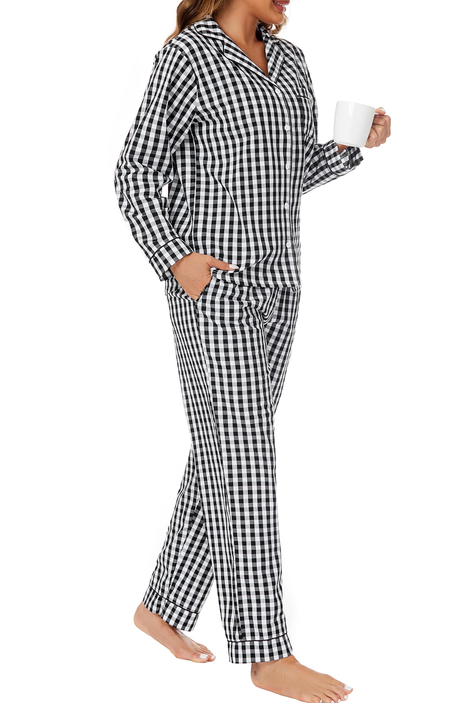 Pijama de 2 piezas para mujer, 100 % algodón, con botones, manga larga, estampada, suave, tallas S-XXL