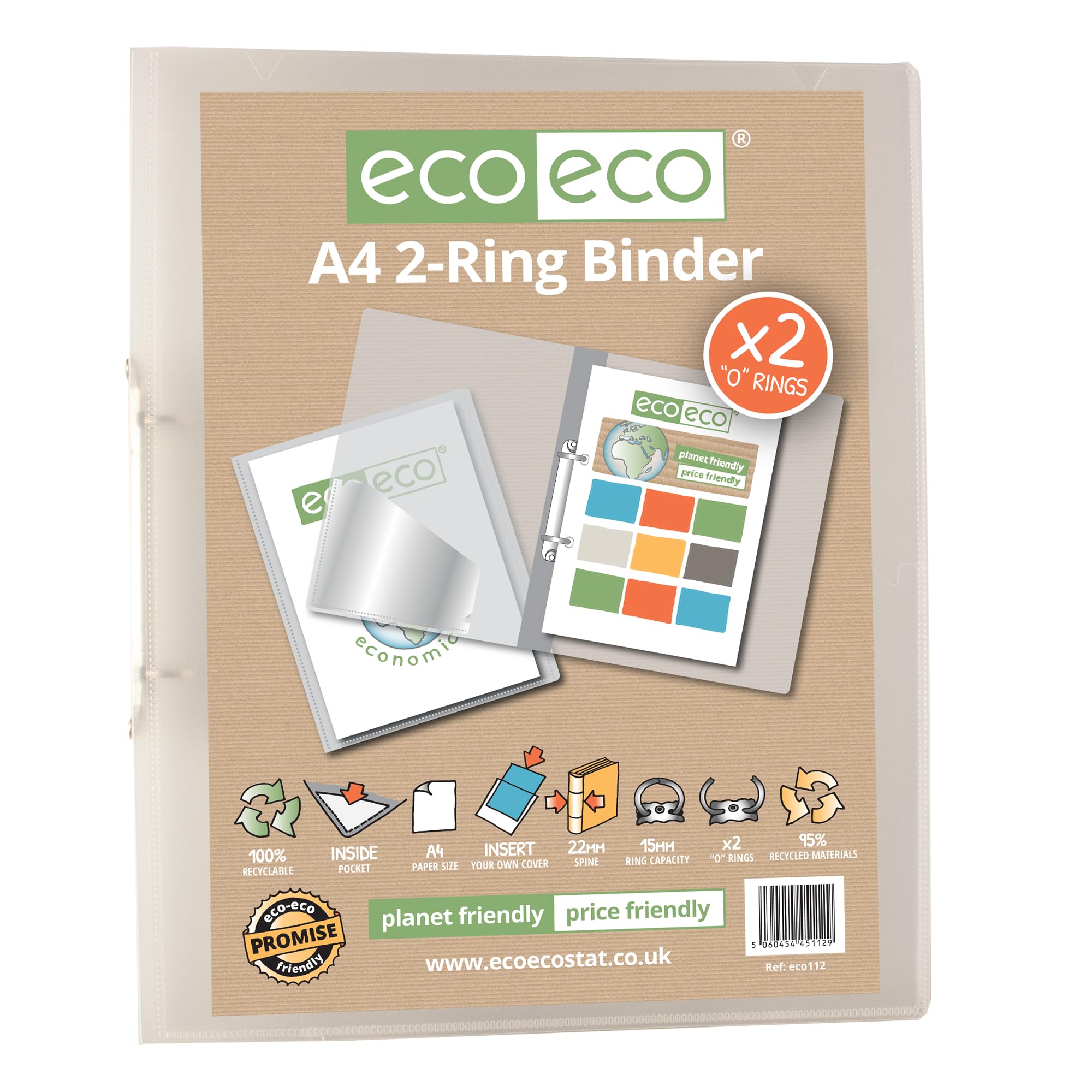 eco-eco A4 95% Recycled Presentation 22mm Spine 2 Ring Binder Clear, eco112
