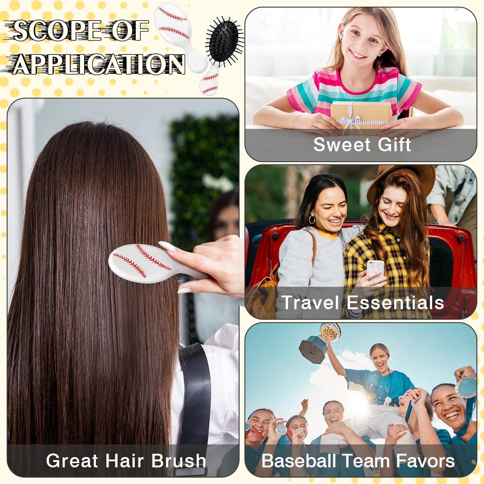 Baseball-Mini-Entwirrungsbürste, Mini-Reise-Haarbürste, Kunststoff-Entwirrungsbürste, kein Verheddern, weiche, flexible Borsten für glattes, lockiges, dickes Haar, für Baseball, Teamgeschenk, Sport