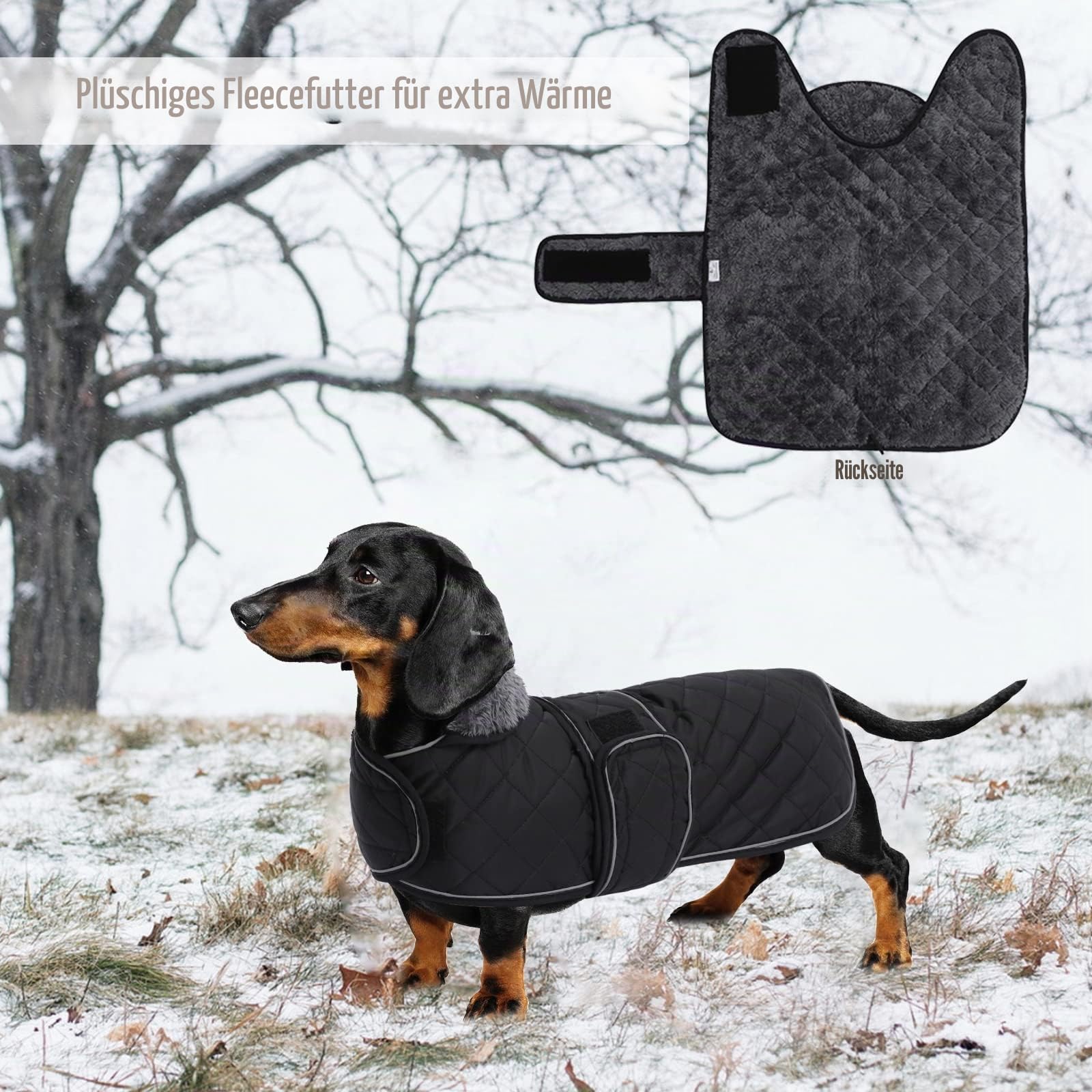Geyecete - Warmer wintermantel für dackel Hunde,Hunde Winterjacken mit plüschfutter,Outdoor jacken mit verstellbaren gürtel und Kabelbaumloch,für mittelgroße und Kleiner dackel-Schwarz-M