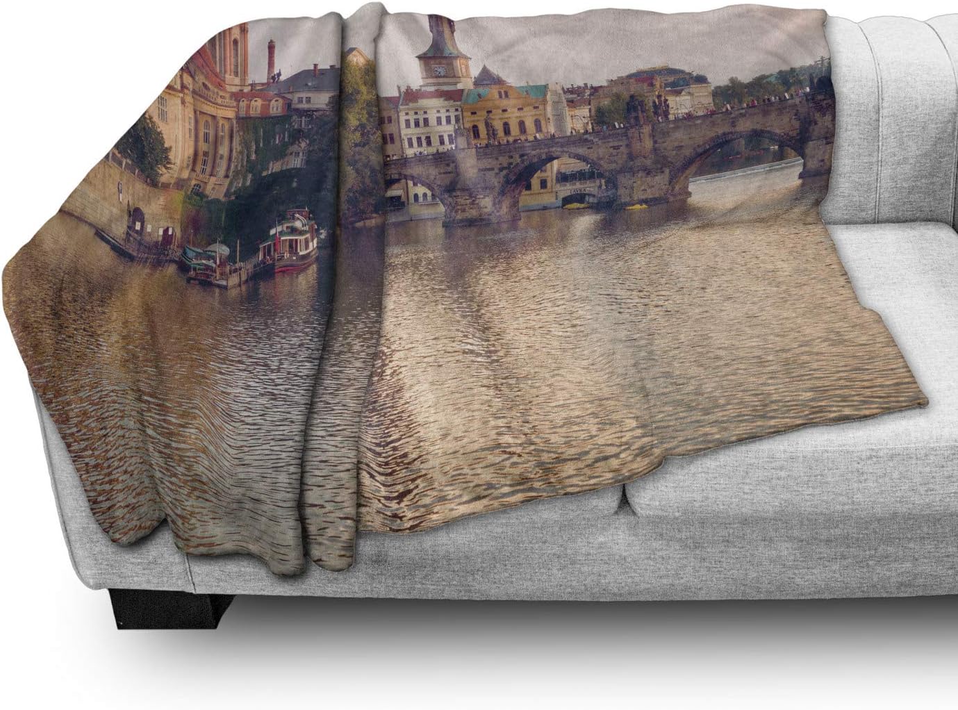 Ambesonne Landscape Soft Flannel Fleece Throw Blanket, Pastoral View at Charles Bridge Spires of Prague Central Europe Gothic Buildings, Cozy Plush for Indoor and Outdoor Use, 60" x 80", Salmon Brown