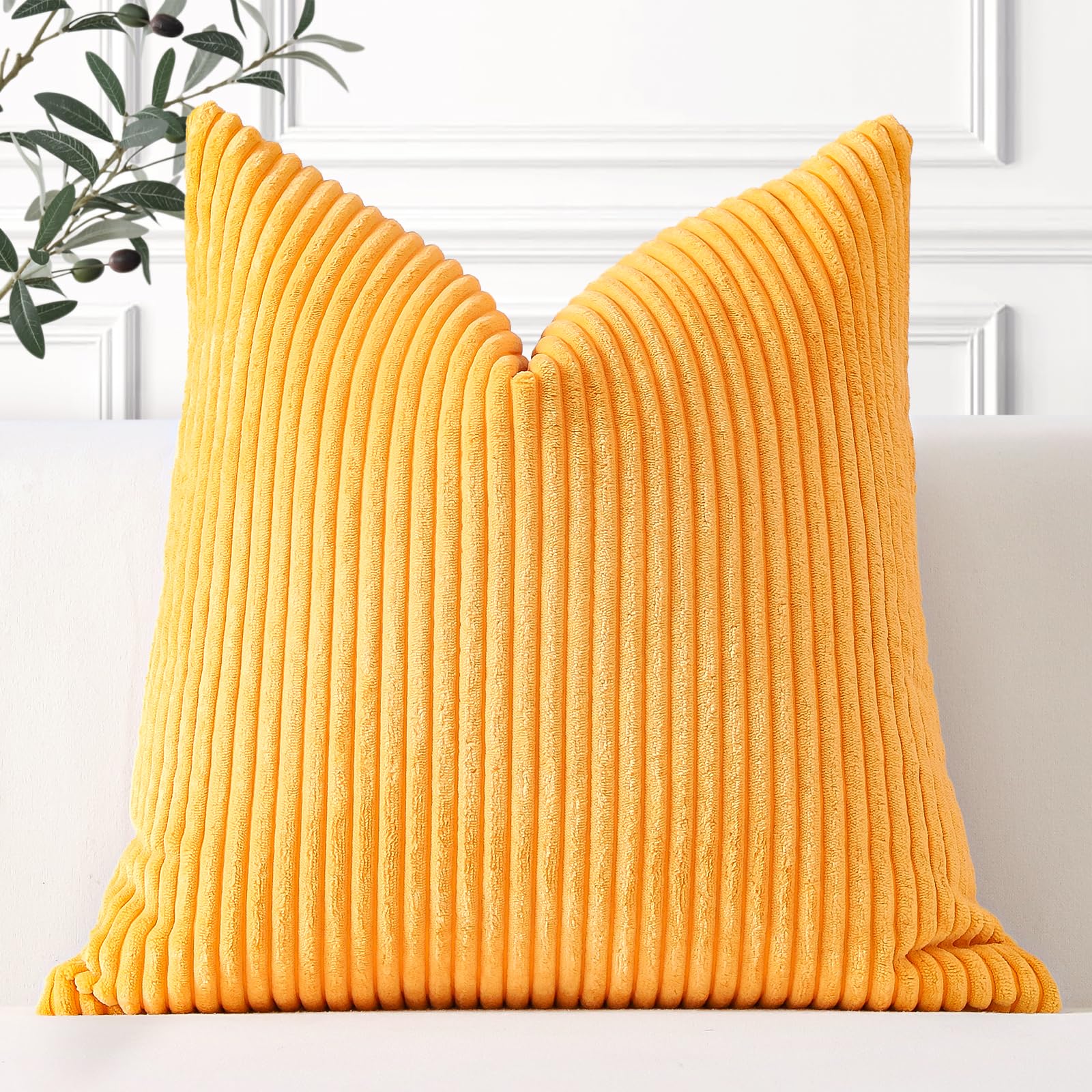 Artscope Cozy Striped Corduroy Cushion Cover 55x55cm Super Soft Decorative Square Throw Pillow Covers Case for Sofa Couch Bedroom Car Decor 22 x 22 Inches, Yellow
