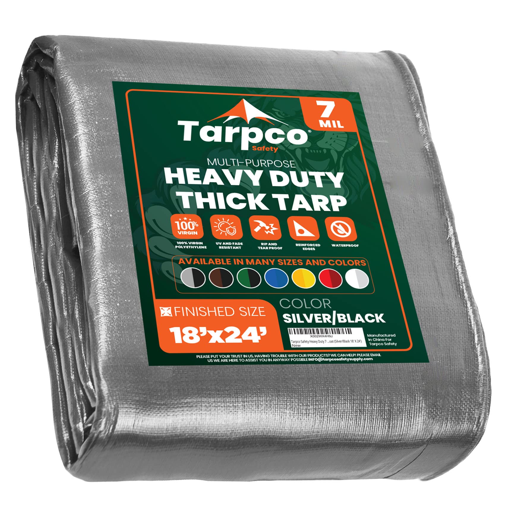Heavy Duty 7 Mil Tarp Cover, Waterproof, UV Resistant, Rip and Tear Proof, Poly Tarpaulin with Reinforced Edges for Roof, Camping, Patio, Pool Cover, Boat (Silver/Black 18′ X 24′)