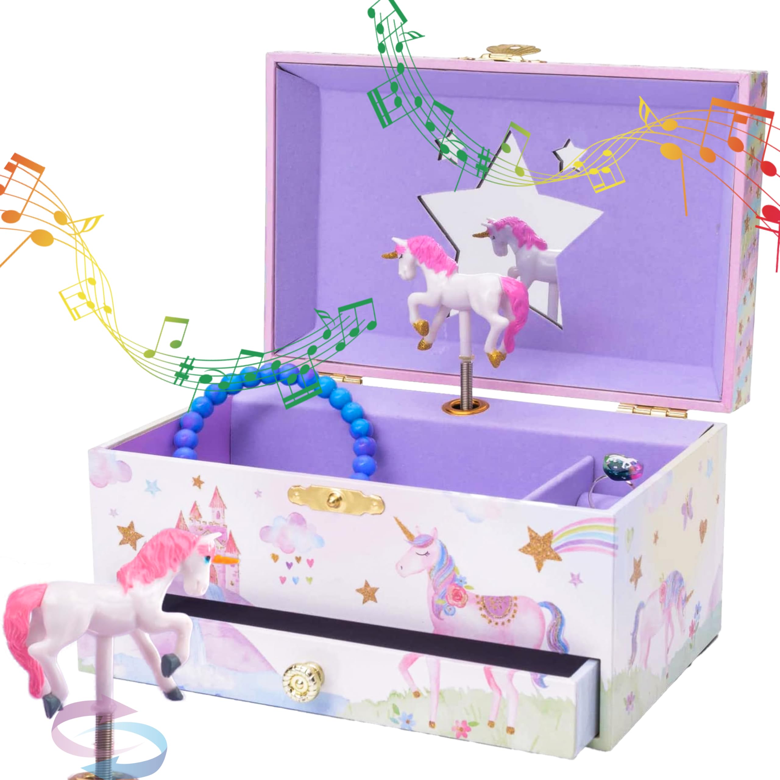 Jewelkeeper Jewelry Box for Girls with 1 Drawer - Unicorn Musical Jewelry Boxes, Beautiful Dreamer Tune, Spinning Unicorn Doll, Little Girl Music Box, Gifts for 5 Year Old Girls (Engineered Wood)