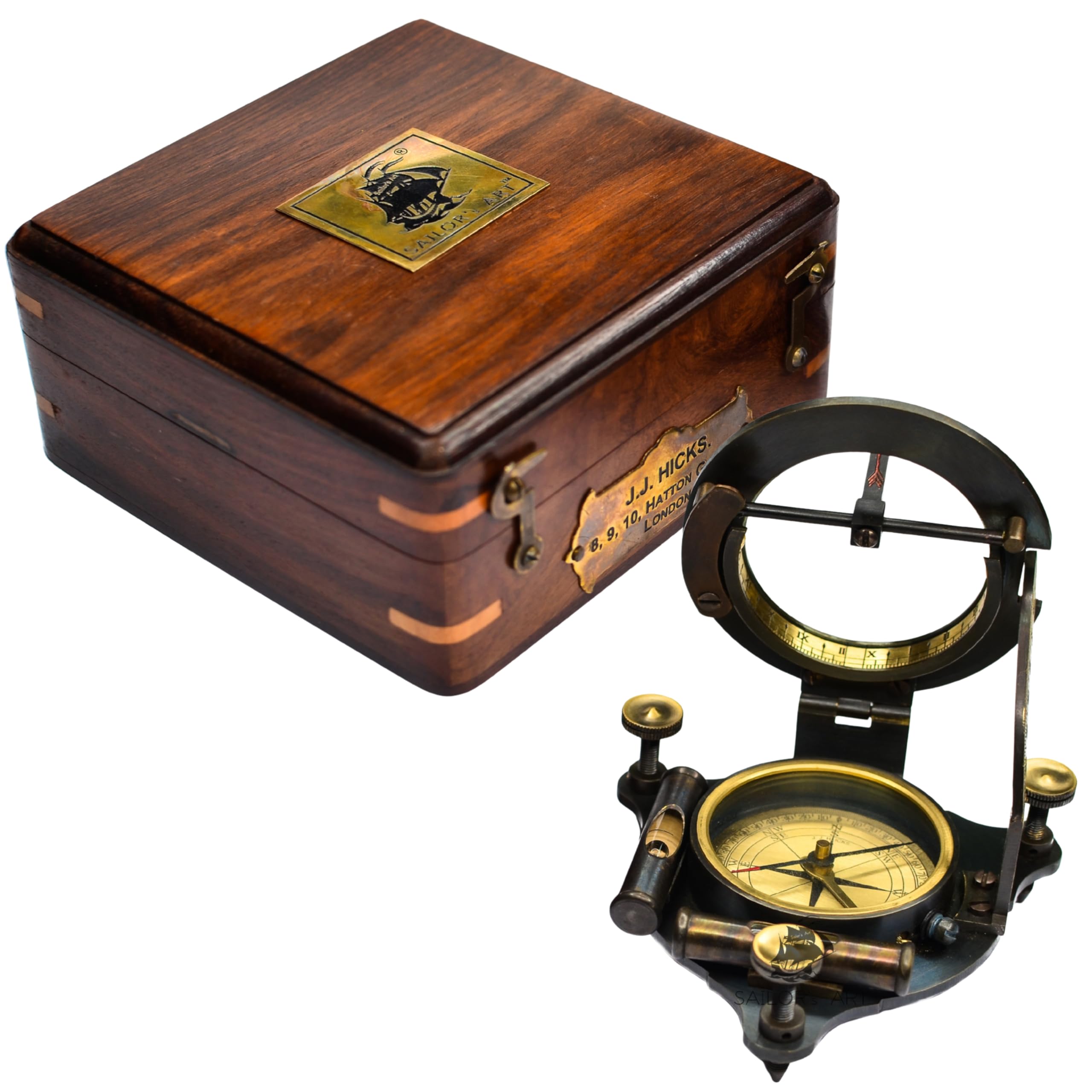 SAILOR'S ART Vintage Brass Sundial Compass with Wooden Box, Pocket Sundials for Camping, Travelling and Sailors' Adventures, Antique Gift for Him, Home Dcor Item Gift