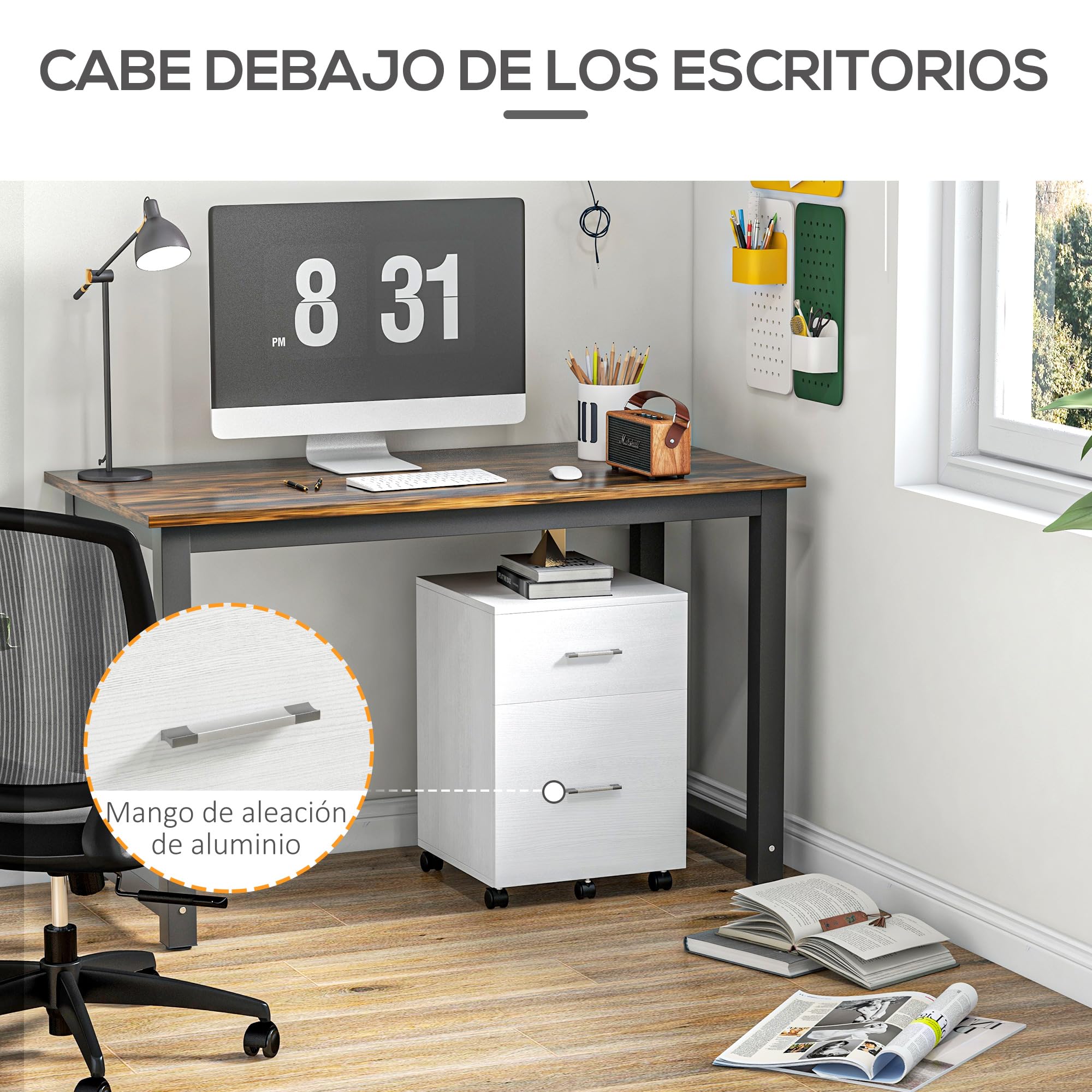 Vinsetto Archivio verticale con ruote, archivio mobile, Bianco | 2 cassetti, piccolo armadio da ufficio, per file Letter o A4, studio home office