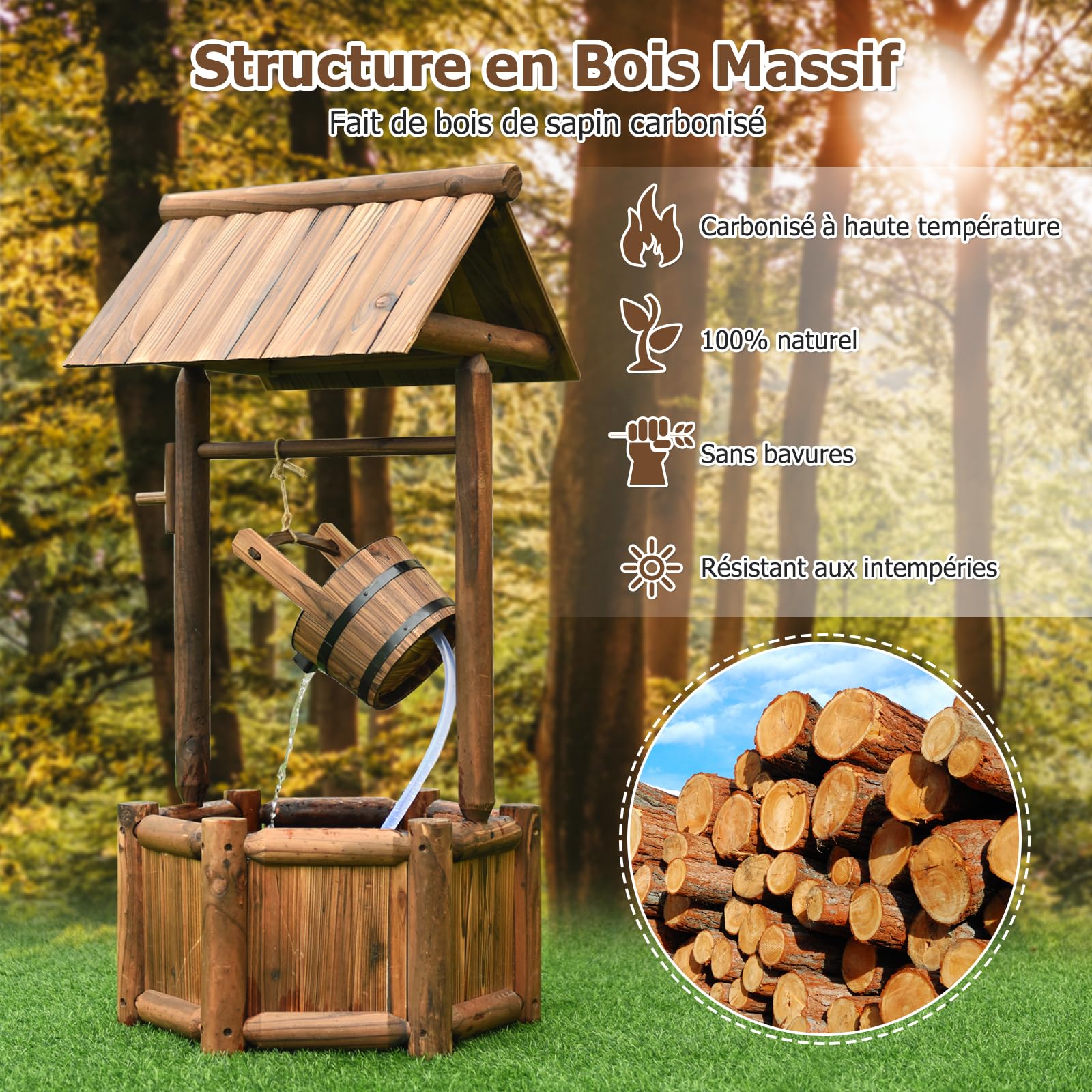 RELAX4LIFE Puits de Jardin en Bois de Sapin, Fontaine de Patio Décorative avec Pompe à Eau Électrique, Fontaine d'Ornement avec Surface Carbonisée et Design de Pavillon, 60X57X116CM