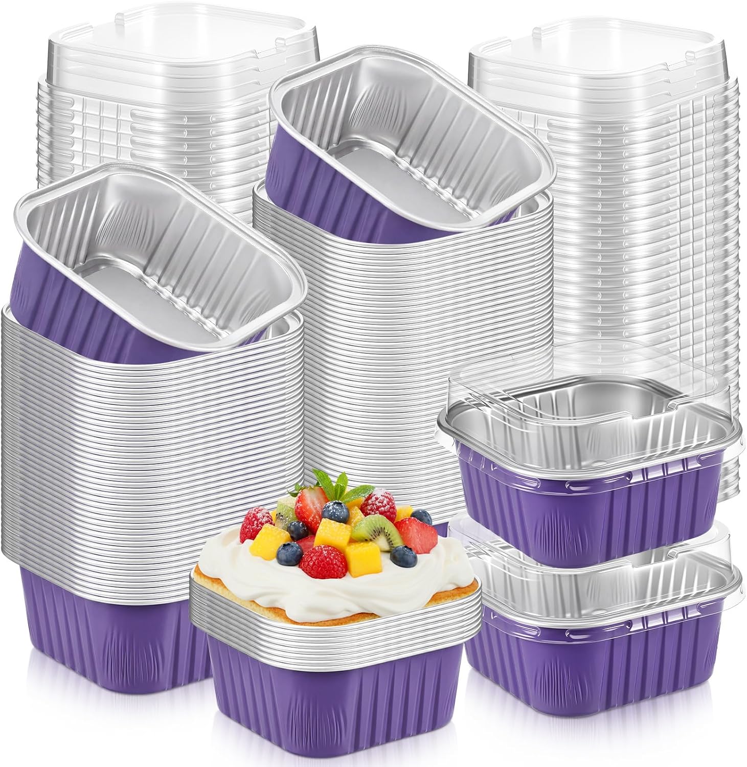 LemonRoad 300 Pcs Mini Cake Pans with Lids 5 oz Square(Purple) | Aluminum Foil Cupcake Pan Brownie Baking Cup Disposable Individual Tin Dessert Containers for Kitchen Wedding Birthday Party