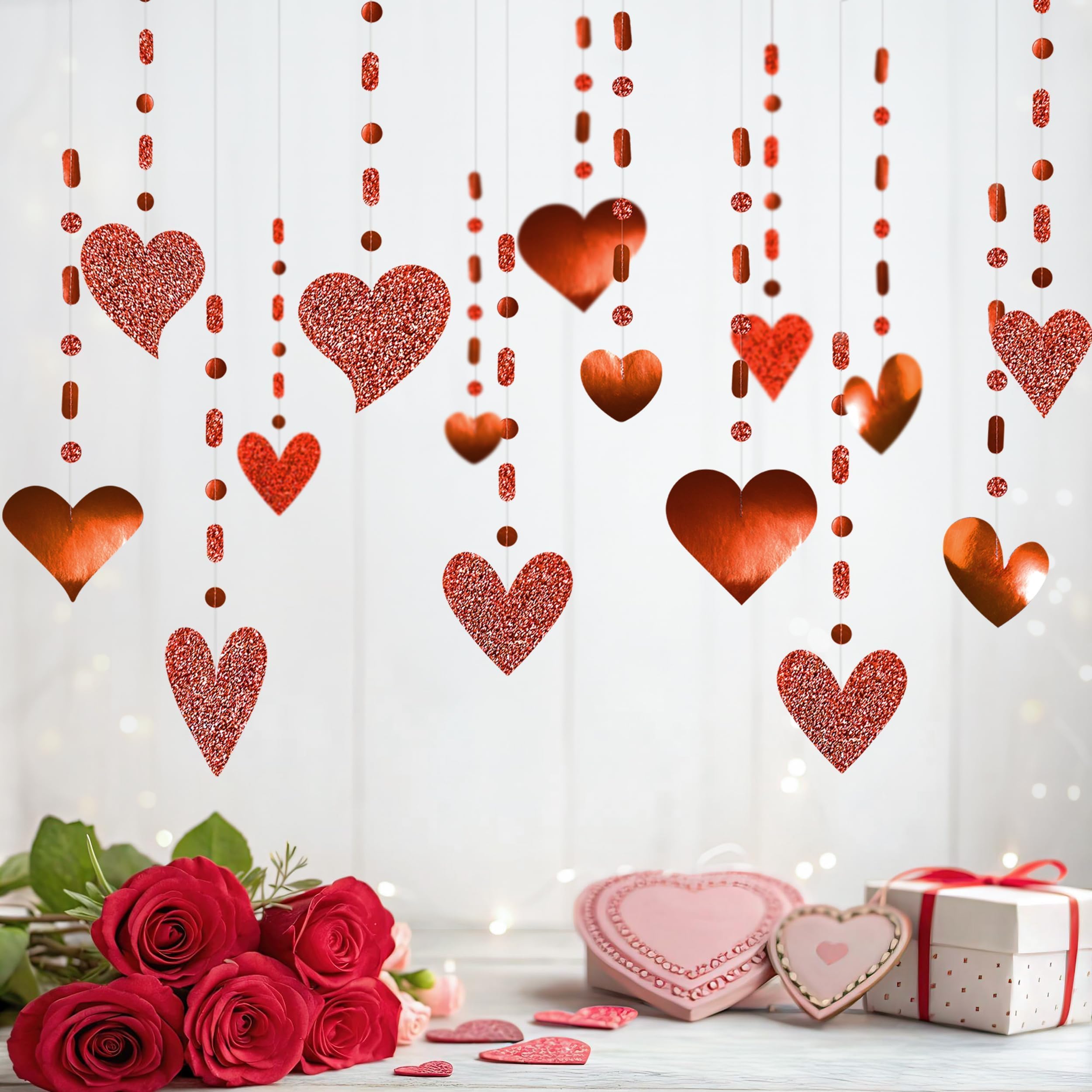 Cheerland Glitter Red Heart Garlands Valentines Day Decorations Heart Streamers Mothers Day Hanging Decoration Red Birthday Banner Anniversary Decor