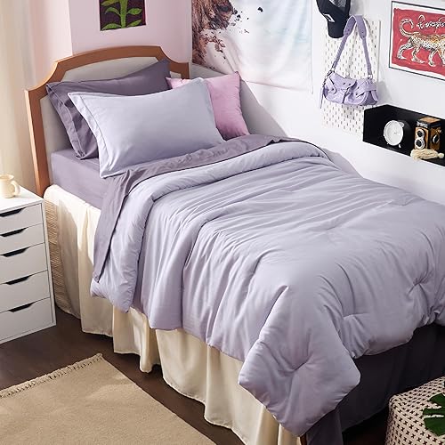 Bedsure Twin XL Comforter Set - Extra Long 5 Pieces Lavender Twin XL Bedding Set for All Seasons, Boho Contrasting Design Bed in a Bag with Comforter, Sheets, Pillowcase & Sham