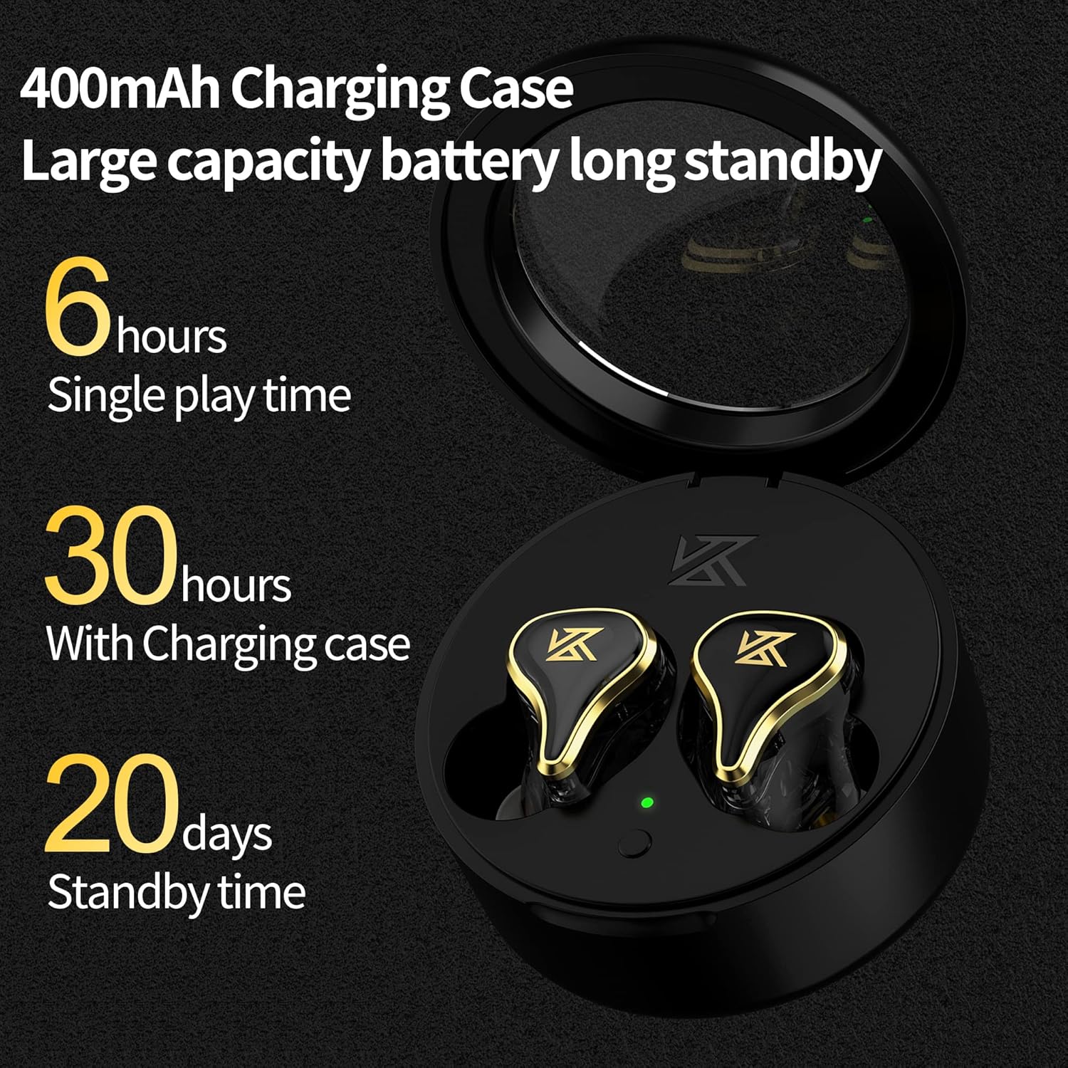 Image of the KZ SK10Pro charging case with earbuds inside, showing battery life indicators and charging port.