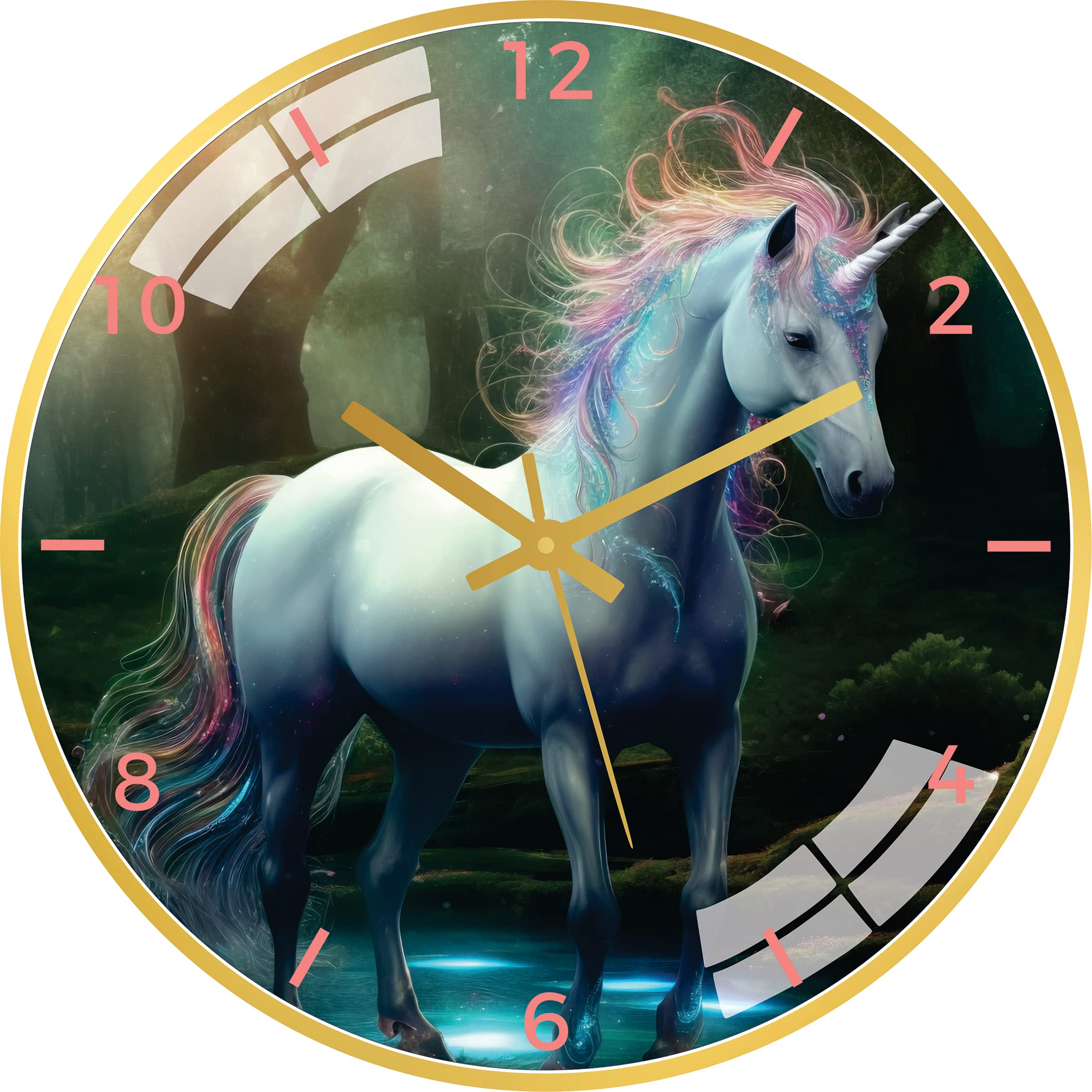 Gnexin 12 inches Non Ticking Silent Animal Wall Clock | Unique Classic Battery Operated Easy to Read Wall Clock (Golden Frame) (Magical Unicorn Clock)