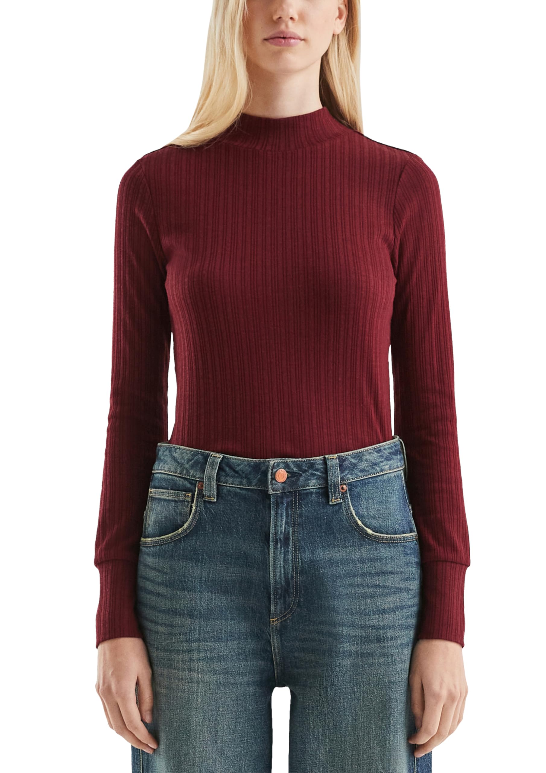 QS Damen Geripptes Langarmshirt T-Shirt Langarm, Slim Fit