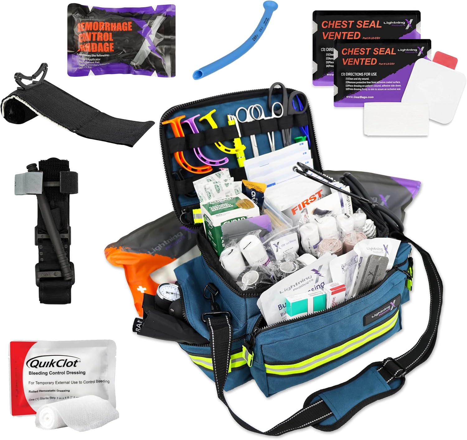 Lightning X Mid-Sized First Responder EMT Bag | LXMB25 | Fully Stocked w/ 248+ First Aid Supplies + Trauma Pak w/C.A.T. Tourniquet & QuikClot - Blue