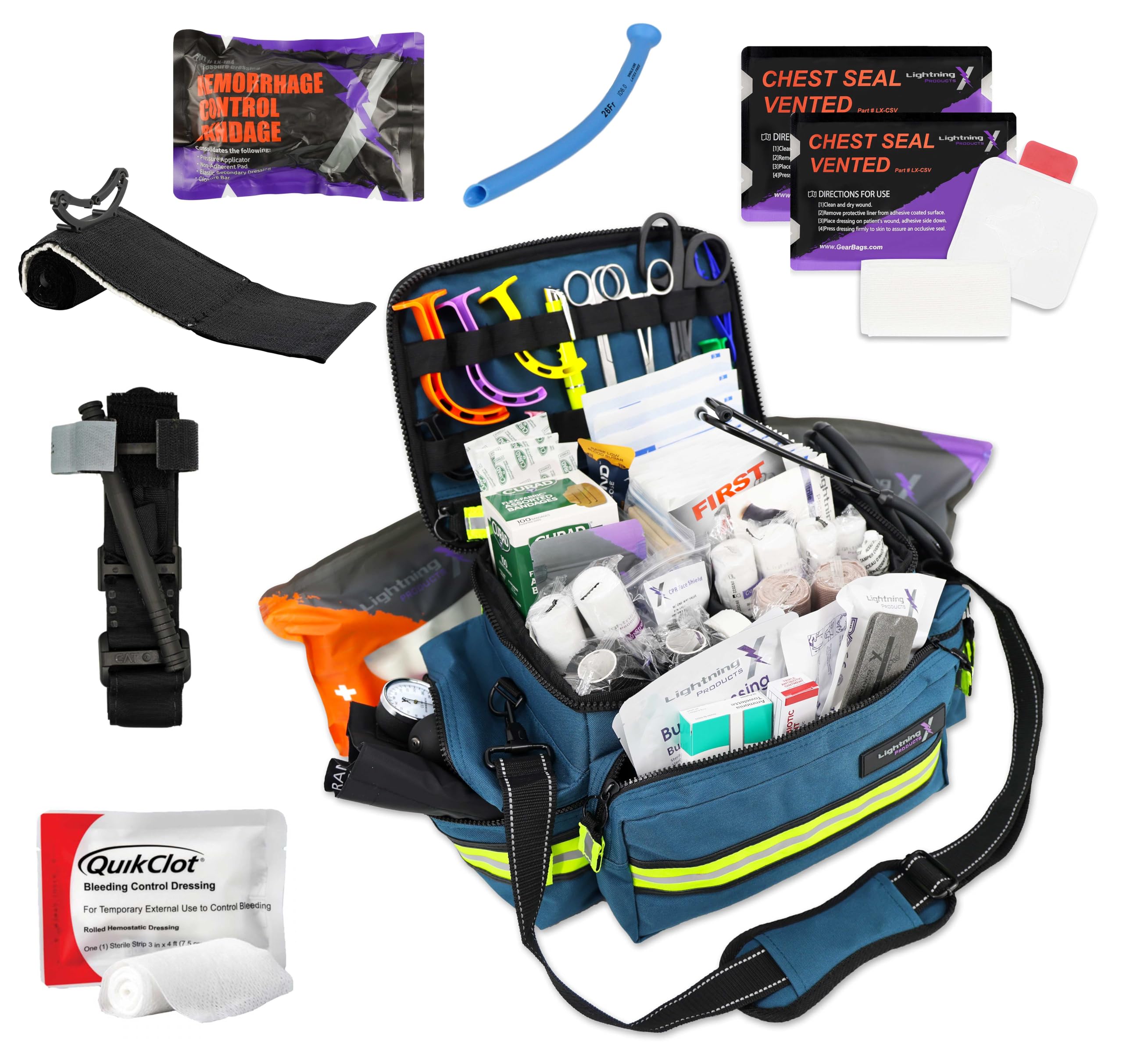 Lightning X Mid-Sized First Responder EMT Bag | LXMB25 | Fully Stocked w/ 248+ First Aid Supplies + Trauma Pak w/C.A.T. Tourniquet & QuikClot - Blue