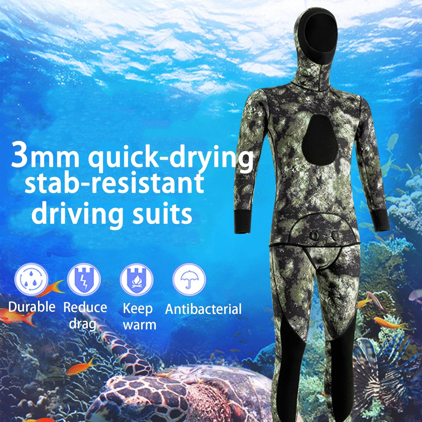 Speerfischen-Neoprenanzüge Für Herren 3/5MM Camouflage 2-teilige Neopren-Kapuze Langarm-Taucheranzug Halten Sie Warme Schnorchelanzüge Zum Surfen Schwimmen