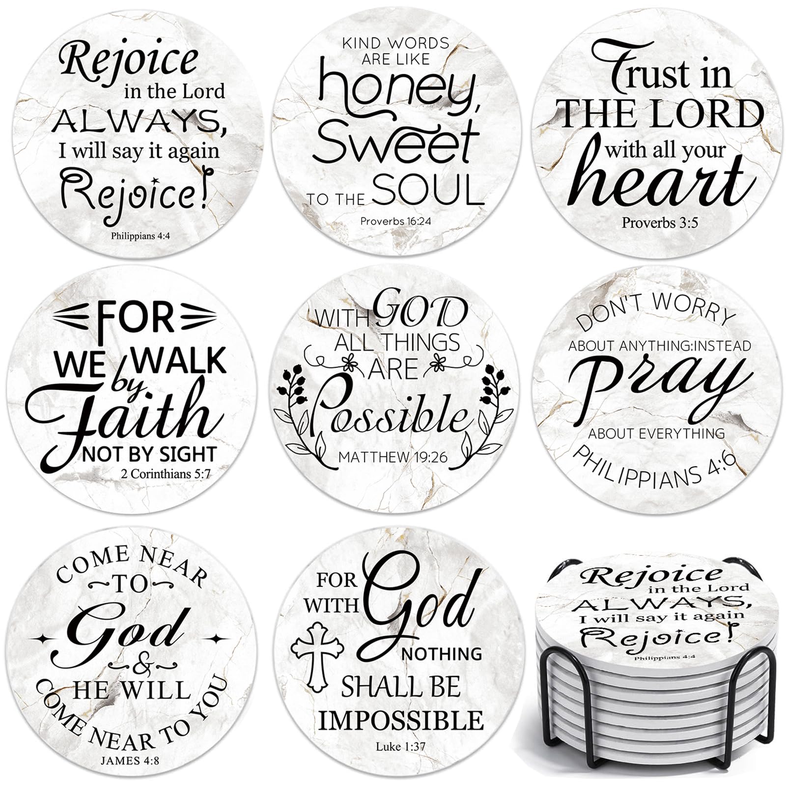 Ceramic Drink Coasters with Bible Verses, Cup Coasters Set of 8 with Holder, Absorbent Coasters for Drinks, Scripture Coaster with Cork Backing for Table Protection, Christian Home Decor Gifts