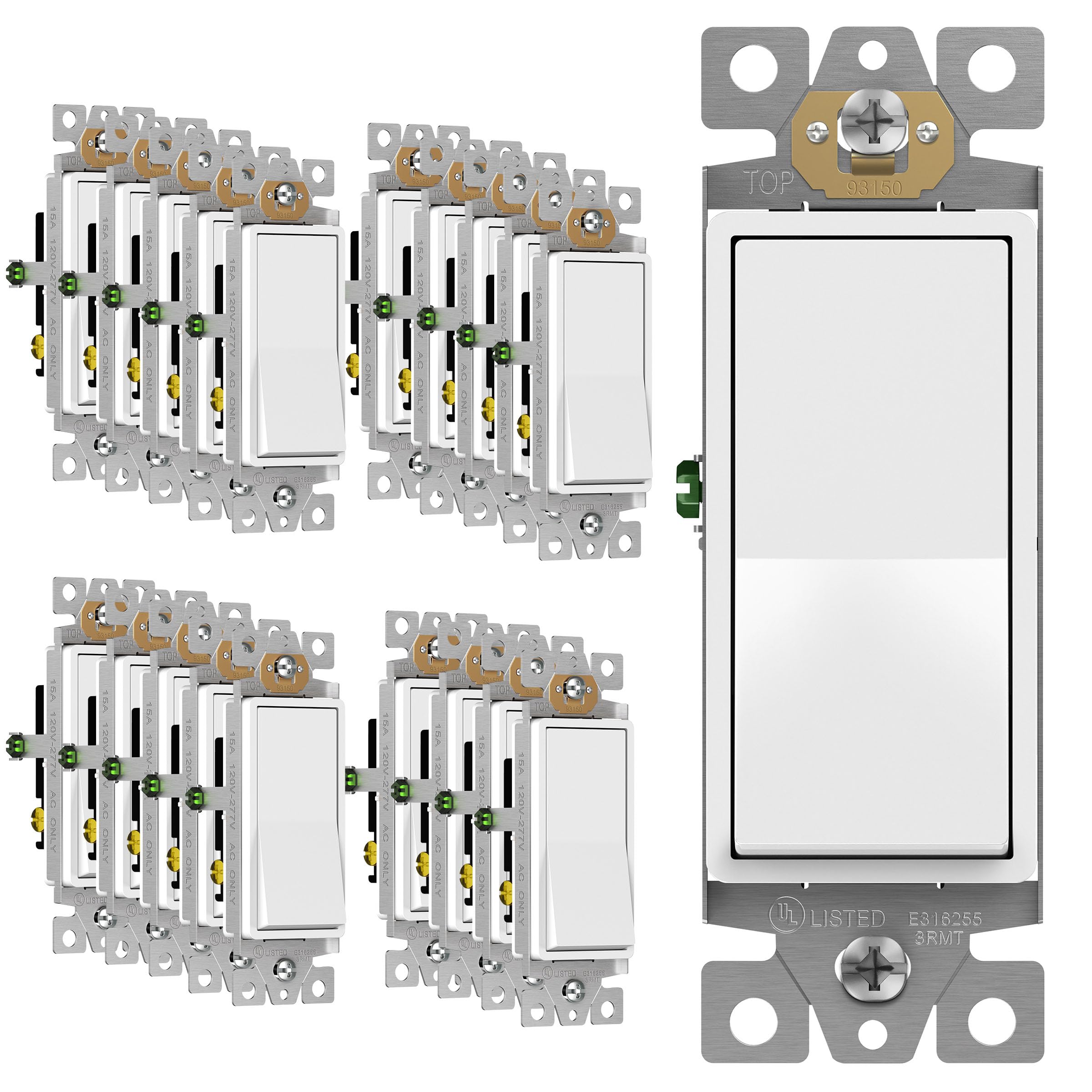 ENERLITES3-Way Decorator Paddle Light Switch, Single Pole or Three Way, 3 Wire, Grounding Screw, Residential Grade, 15A 120V/277V, UL Listed, 93150-W-20PCS, White (20 Pack)